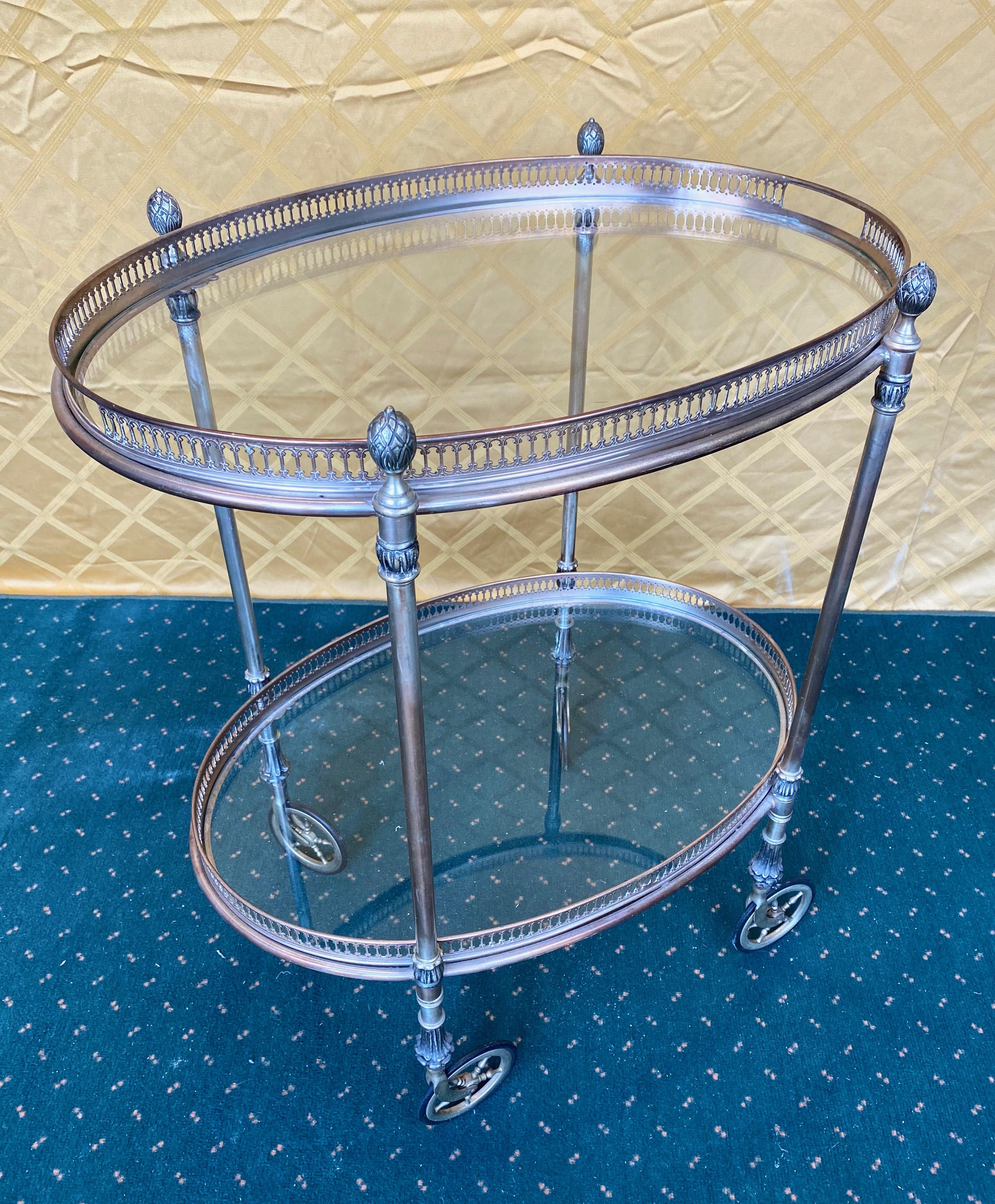 Neoclassical French Silver Metal Oval Bar Cart Trolley Attributed to Maison Baguès, 1950s