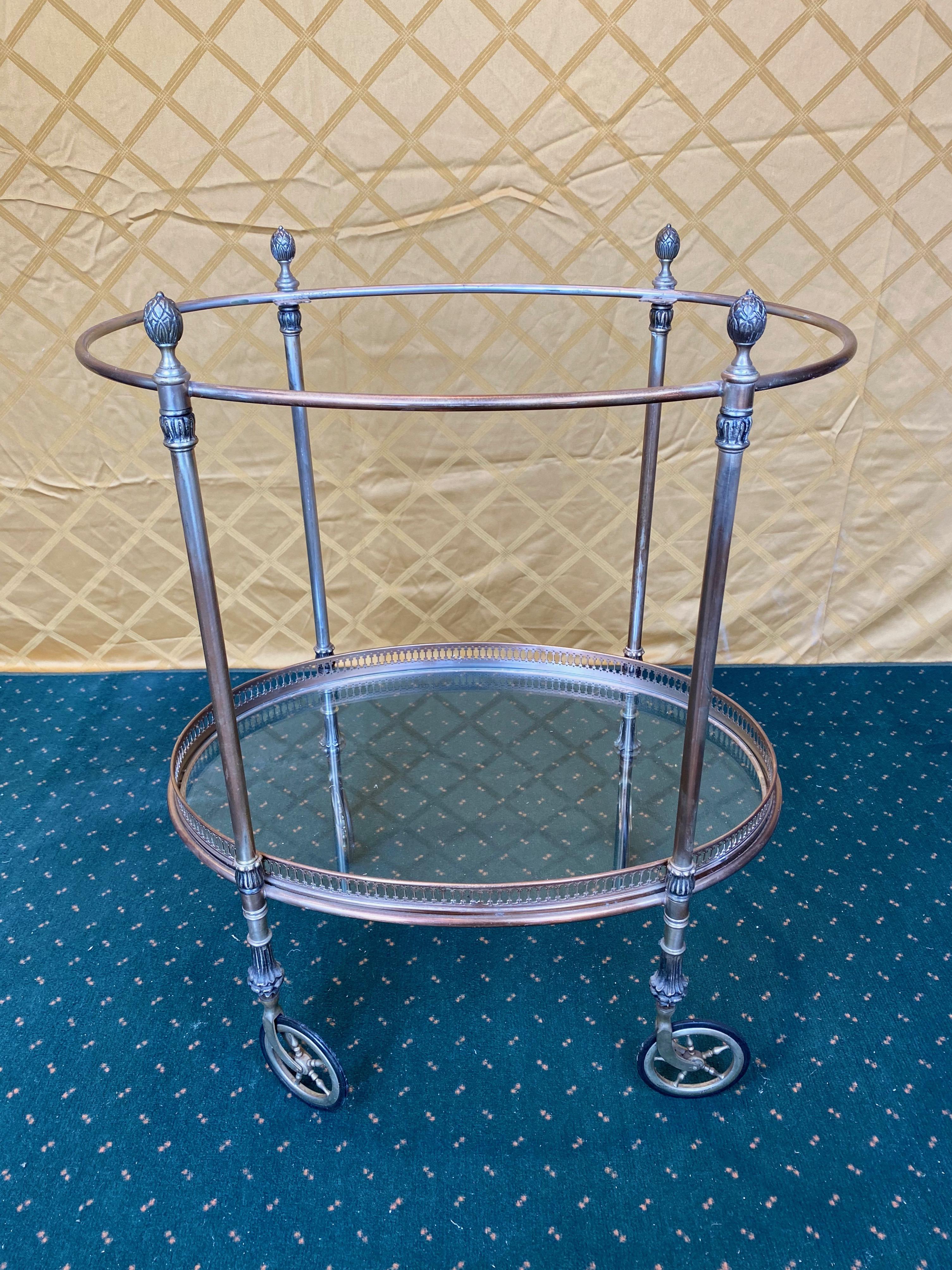 Mid-20th Century French Silver Metal Oval Bar Cart Trolley Attributed to Maison Baguès, 1950s