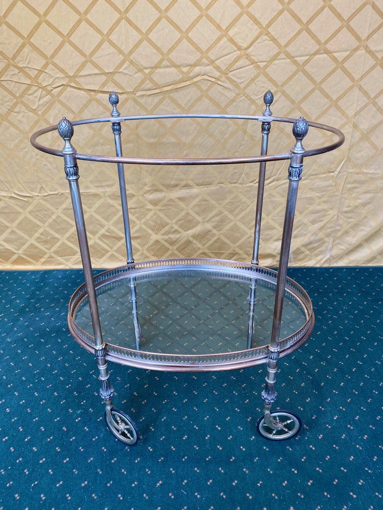 French Silver Metal Oval Bar Cart Trolley Attributed to Maison Baguès, 1950s 3