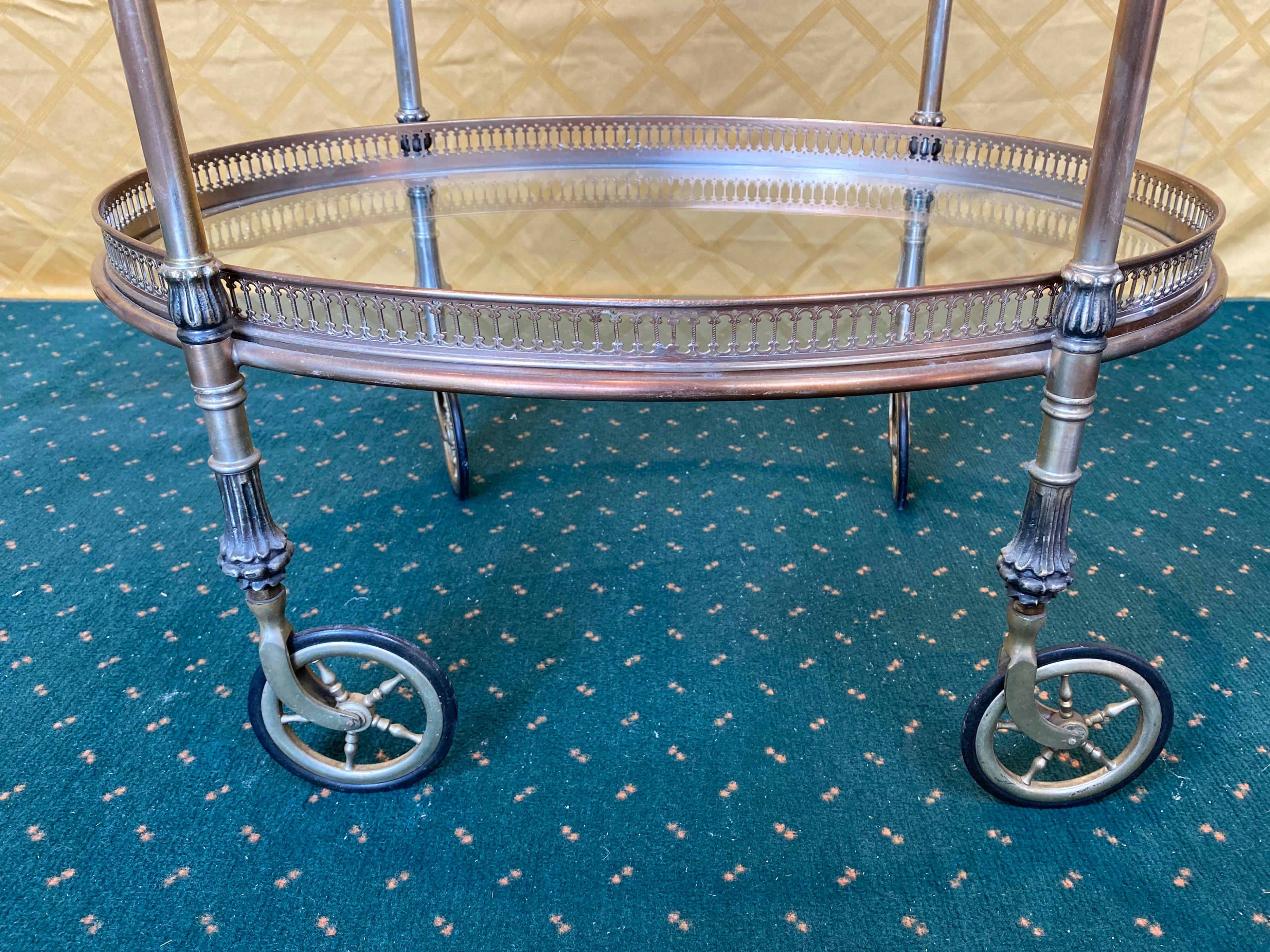 French Silver Metal Oval Bar Cart Trolley Attributed to Maison Baguès, 1950s 1