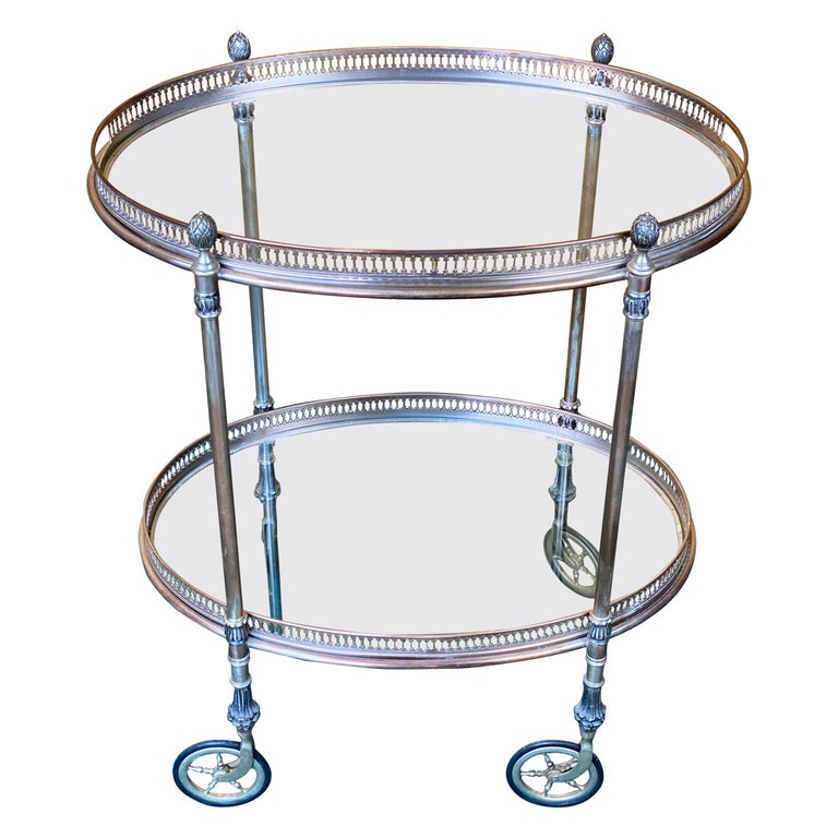 French Silver Metal Oval Bar Cart Trolley Attributed to Maison Baguès, 1950s