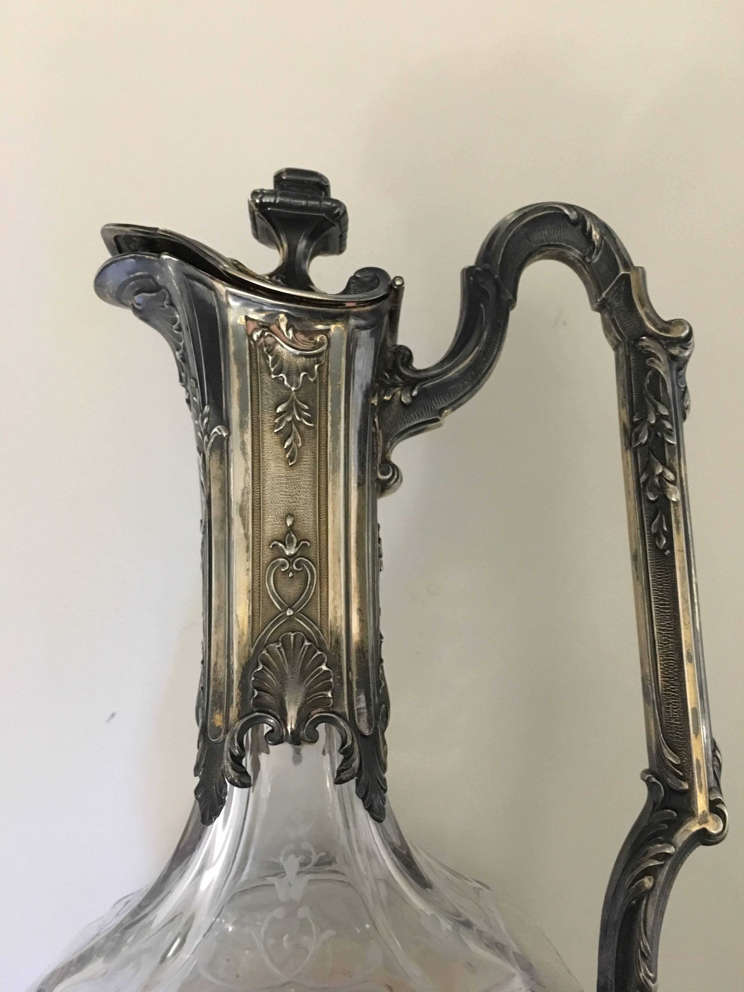 Late 19th Century French Silver Mounted and Crystal Claret Jug