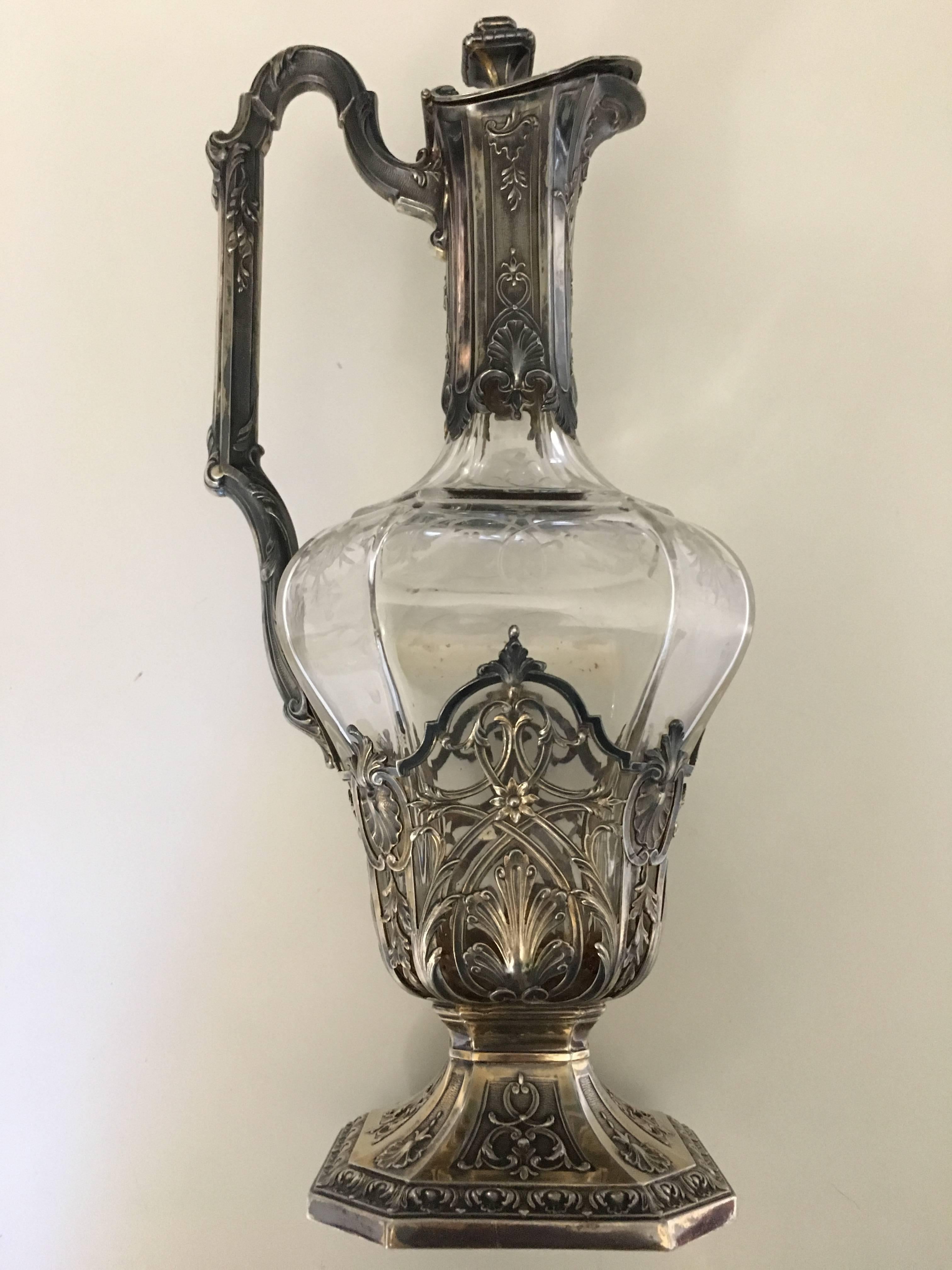 Sterling Silver French Silver Mounted and Crystal Claret Jug