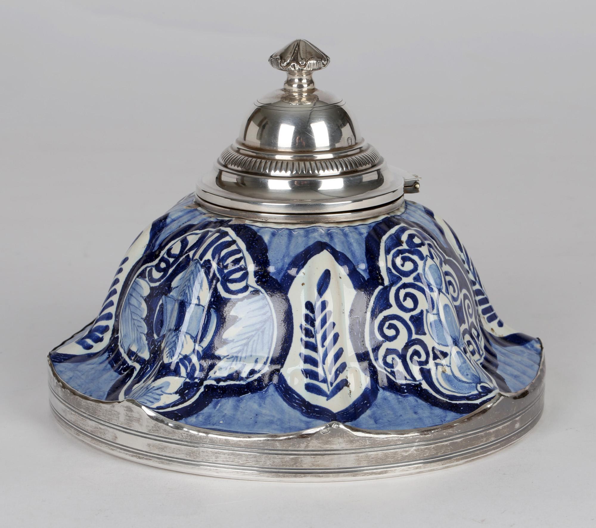 French Silver Mounted Blue & White Pottery Faience Inkwell For Sale 2