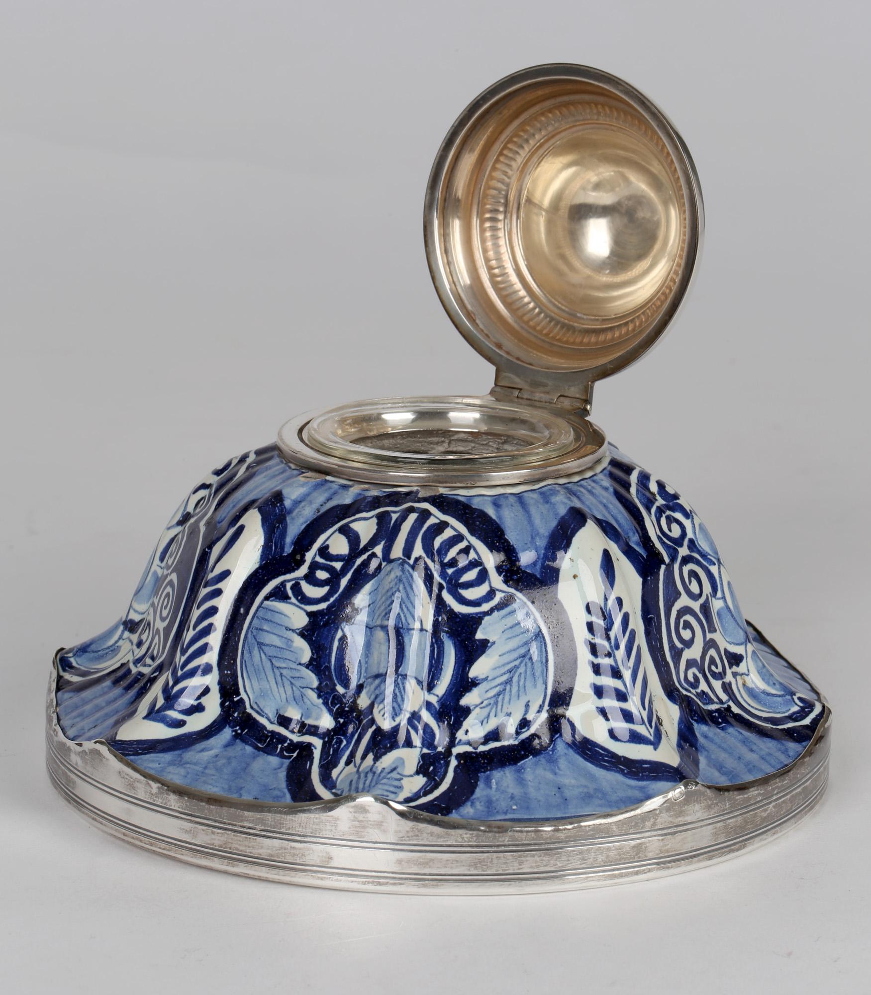 French Silver Mounted Blue & White Pottery Faience Inkwell For Sale 3