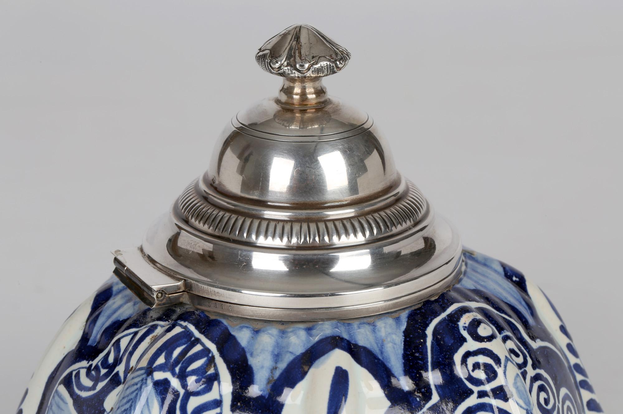 French Silver Mounted Blue & White Pottery Faience Inkwell For Sale 4