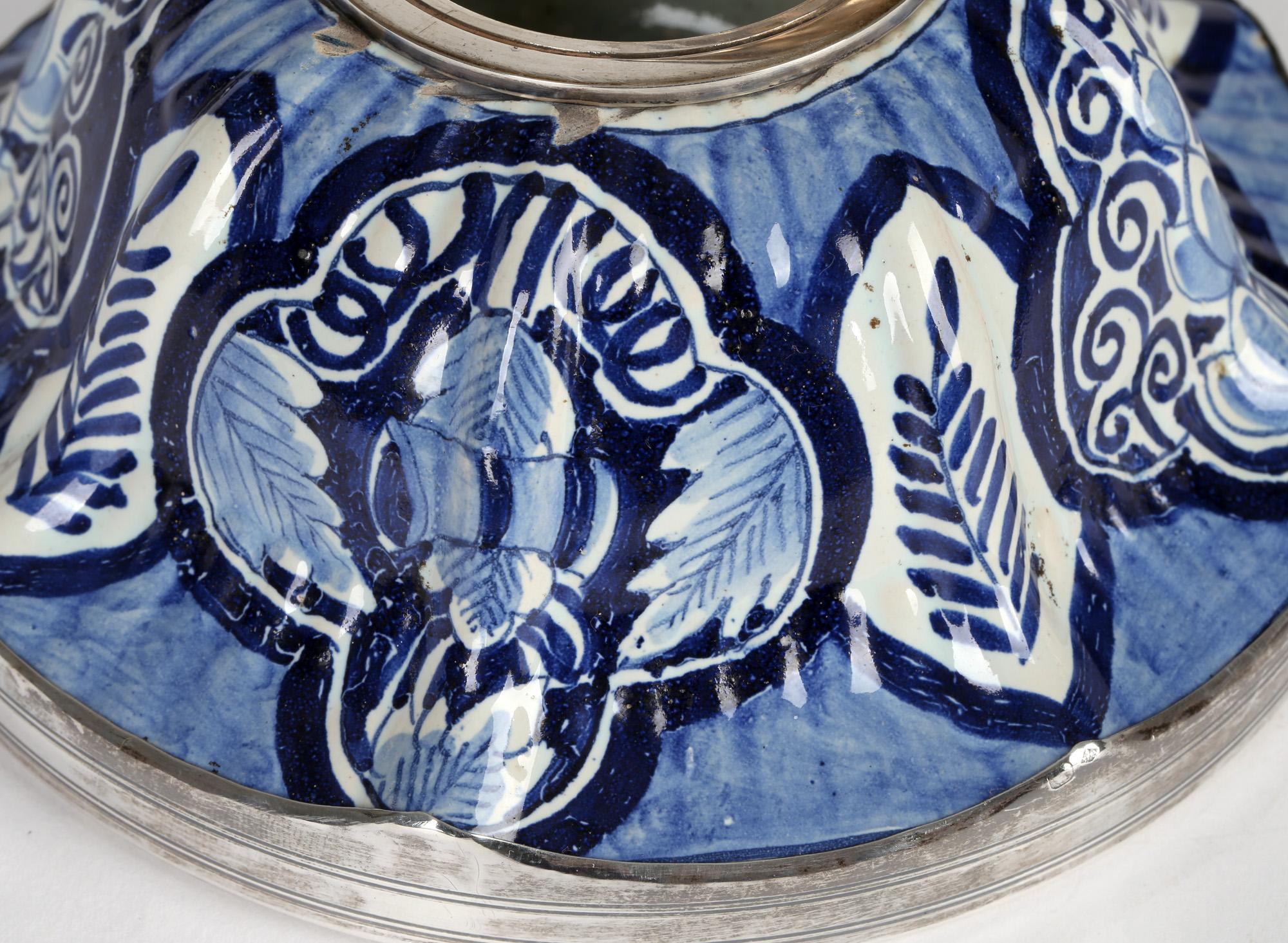 Französisch Silber montiert blau & weiß Keramik Fayence Tintenfass im Angebot 7