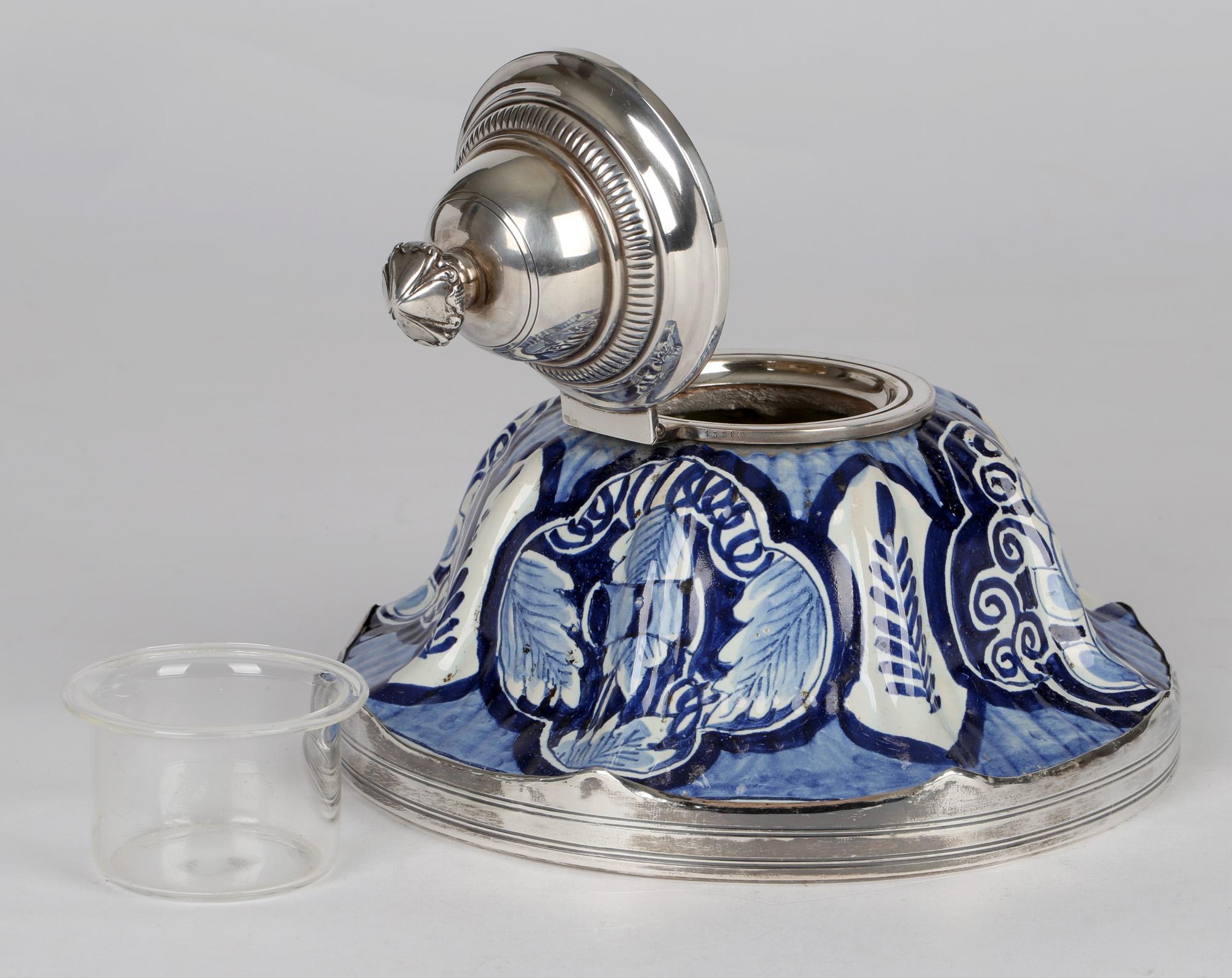 French Silver Mounted Blue & White Pottery Faience Inkwell For Sale 6
