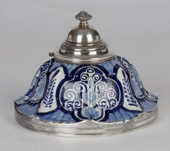 French Silver Mounted Blue & White Pottery Faience Inkwell