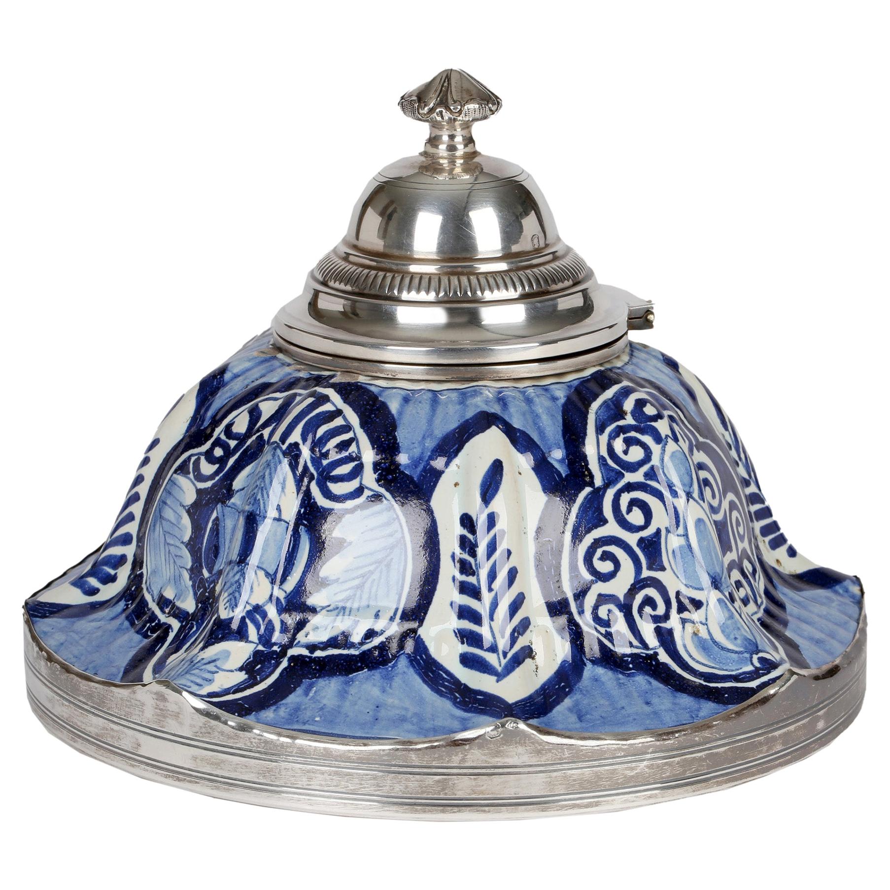 French Silver Mounted Blue & White Pottery Faience Inkwell