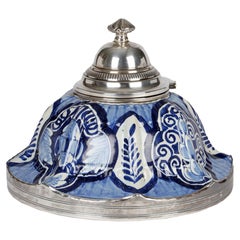 French Silver Mounted Blue & White Pottery Faience Inkwell