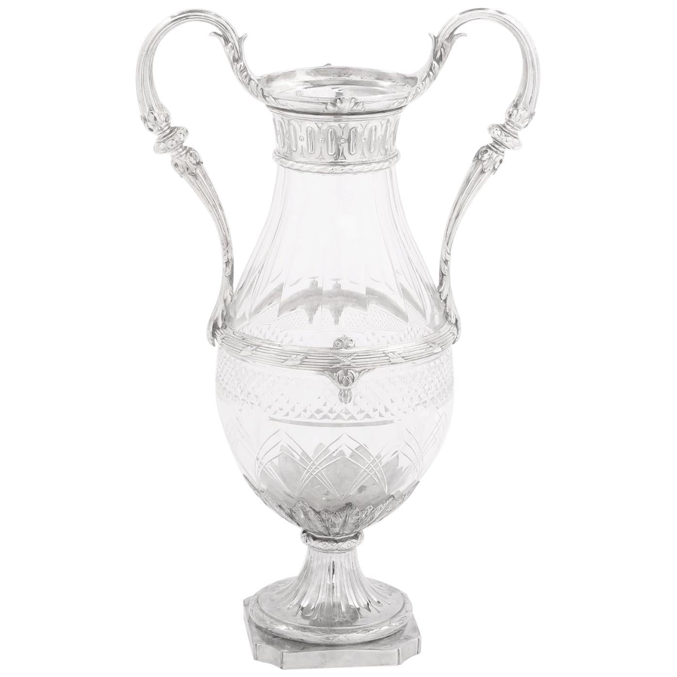 French Silver Mounted / Cut Glass Decorative Vase For Sale