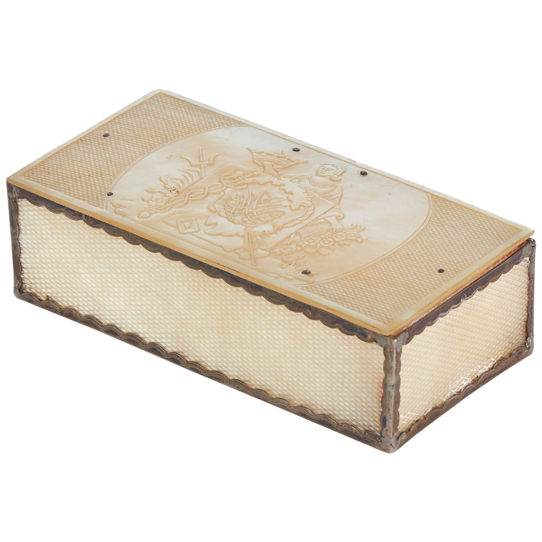 French Silver Mounted Mother of Pearl Engraved Box, circa 1800 For Sale