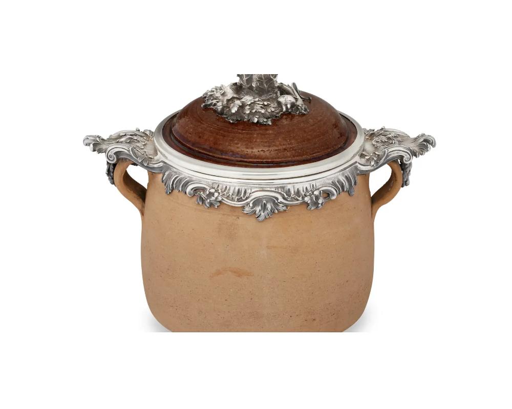 French Silver Mounted Two-Handled Earthenware Soup Crock Pot, Mark of Boin-Tab For Sale 1
