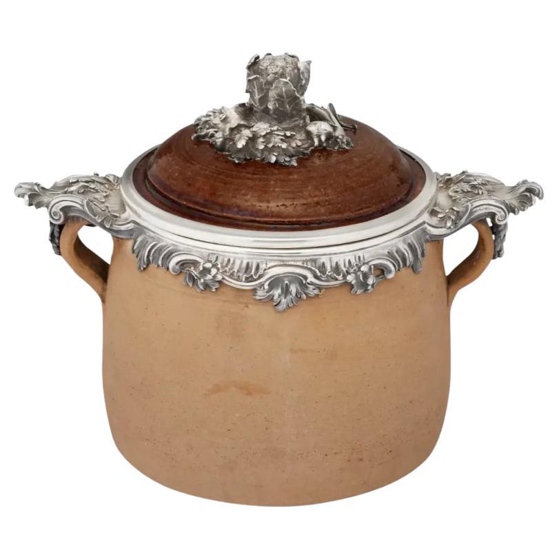 French Silver Mounted Two-Handled Earthenware Soup Crock Pot, Mark of Boin-Tab