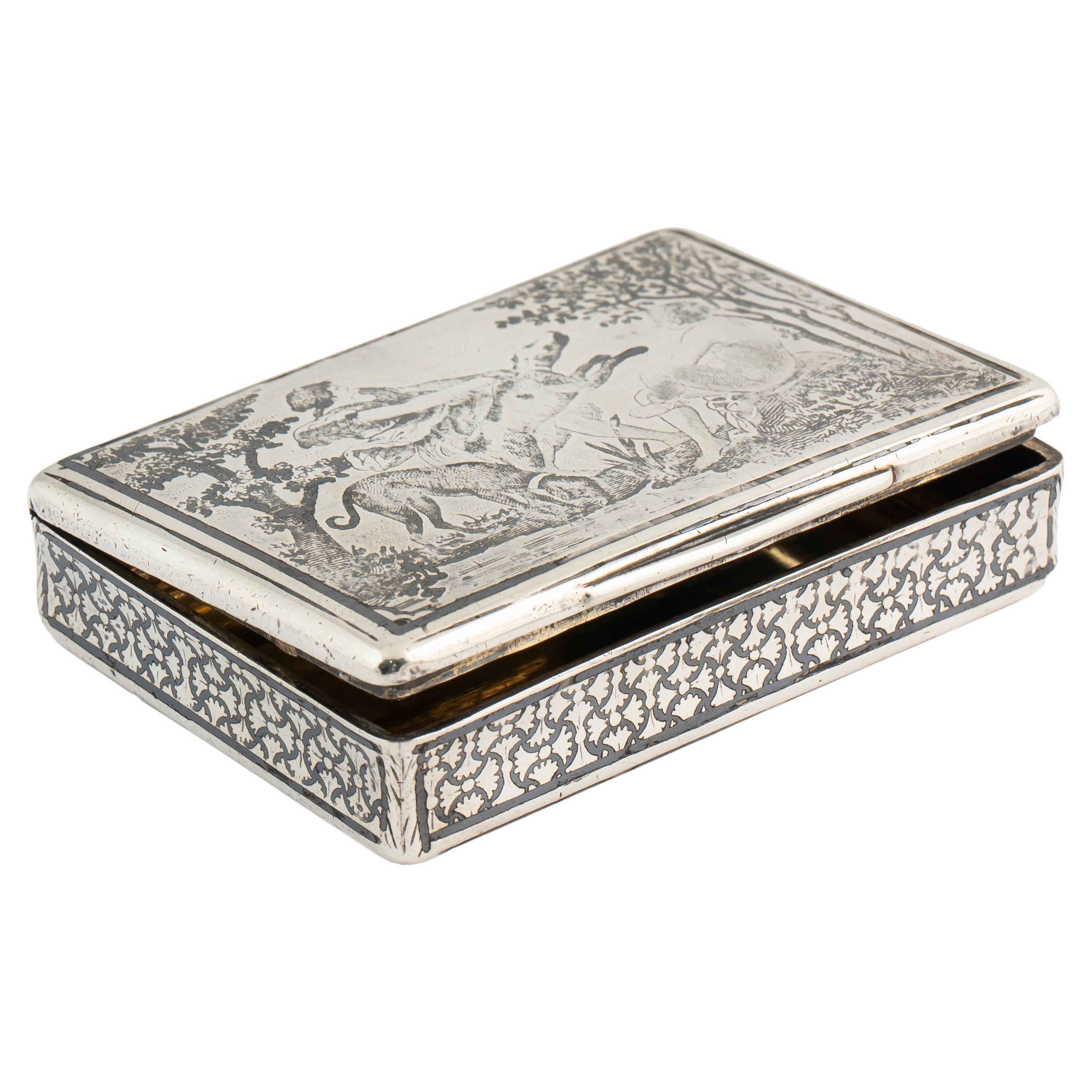 French Silver Niello Snuff Box, Hunting Scene, Early 19th Century For Sale