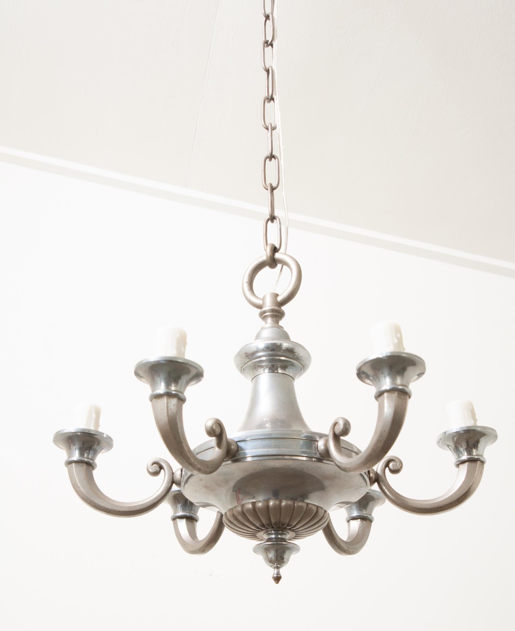Patinated French Silver Plate 6 - Light Chandelier For Sale