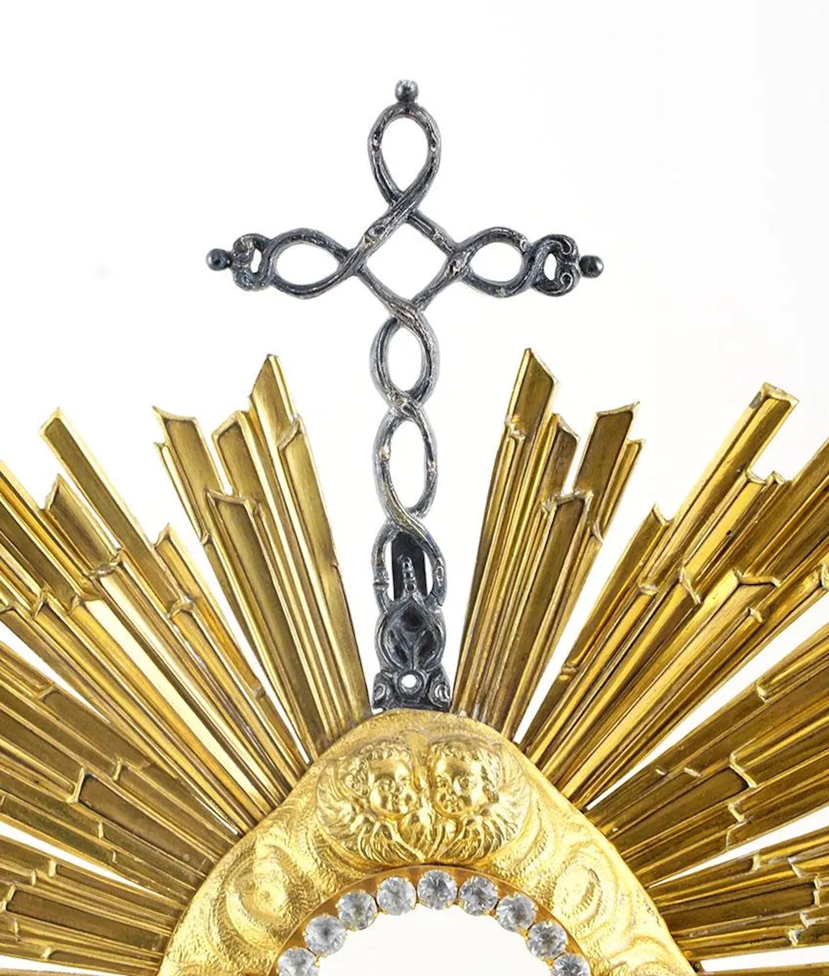 Gilt French Silver Plate and Brass Monstrance With Radiant Sunburst Bezel For Sale