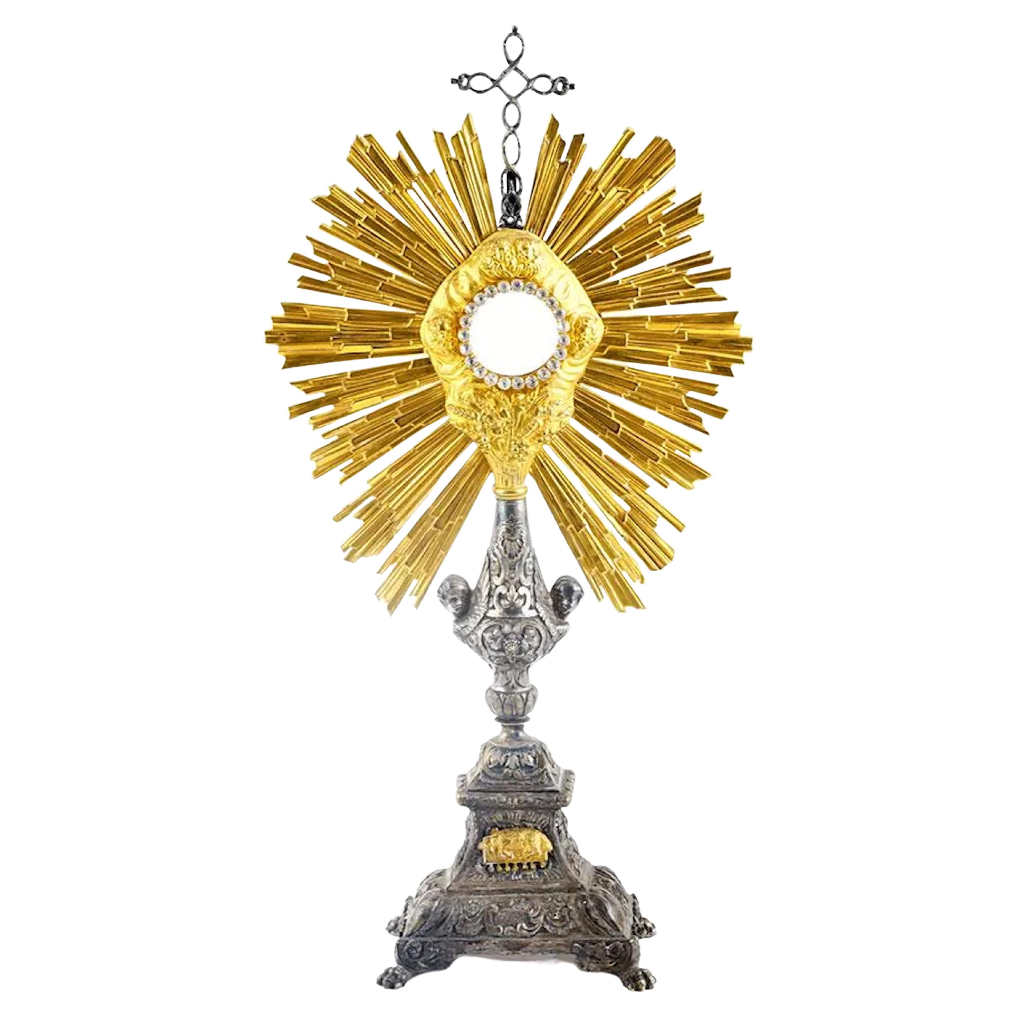 French Silver Plate and Brass Monstrance With Radiant Sunburst Bezel For Sale