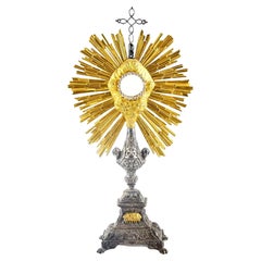 French Silver Plate and Brass Monstrance With Radiant Sunburst Bezel