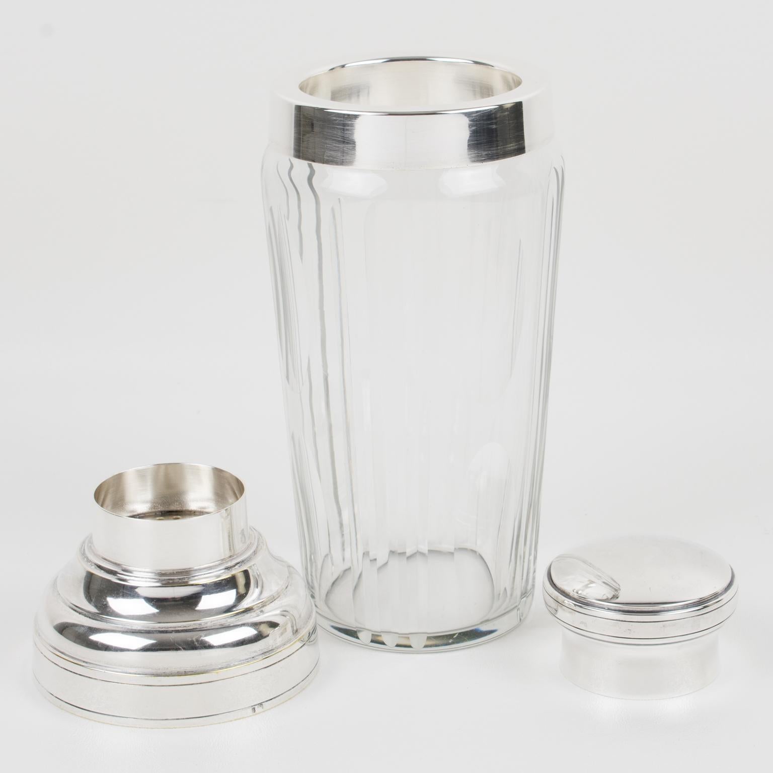 French Silver Plate and Crystal Cocktail Martini Shaker Barware Accessory  In Good Condition In Atlanta, GA