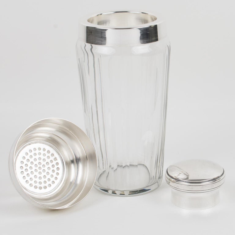Mid-20th Century French Silver Plate and Crystal Cocktail Martini Shaker Barware Accessory 