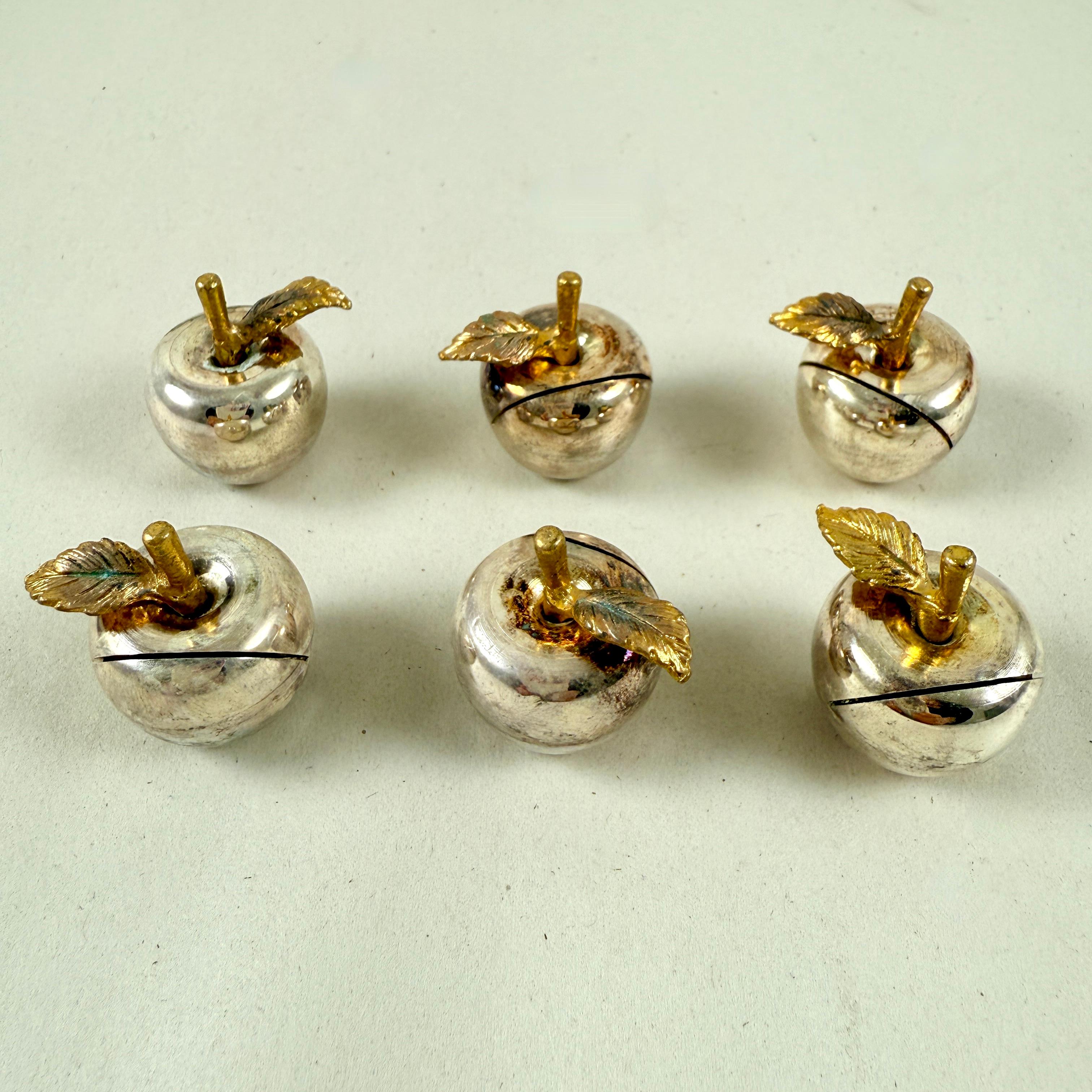Mid-Century Modern French Silver Plate Apple Place Card Holders, set of 6 For Sale