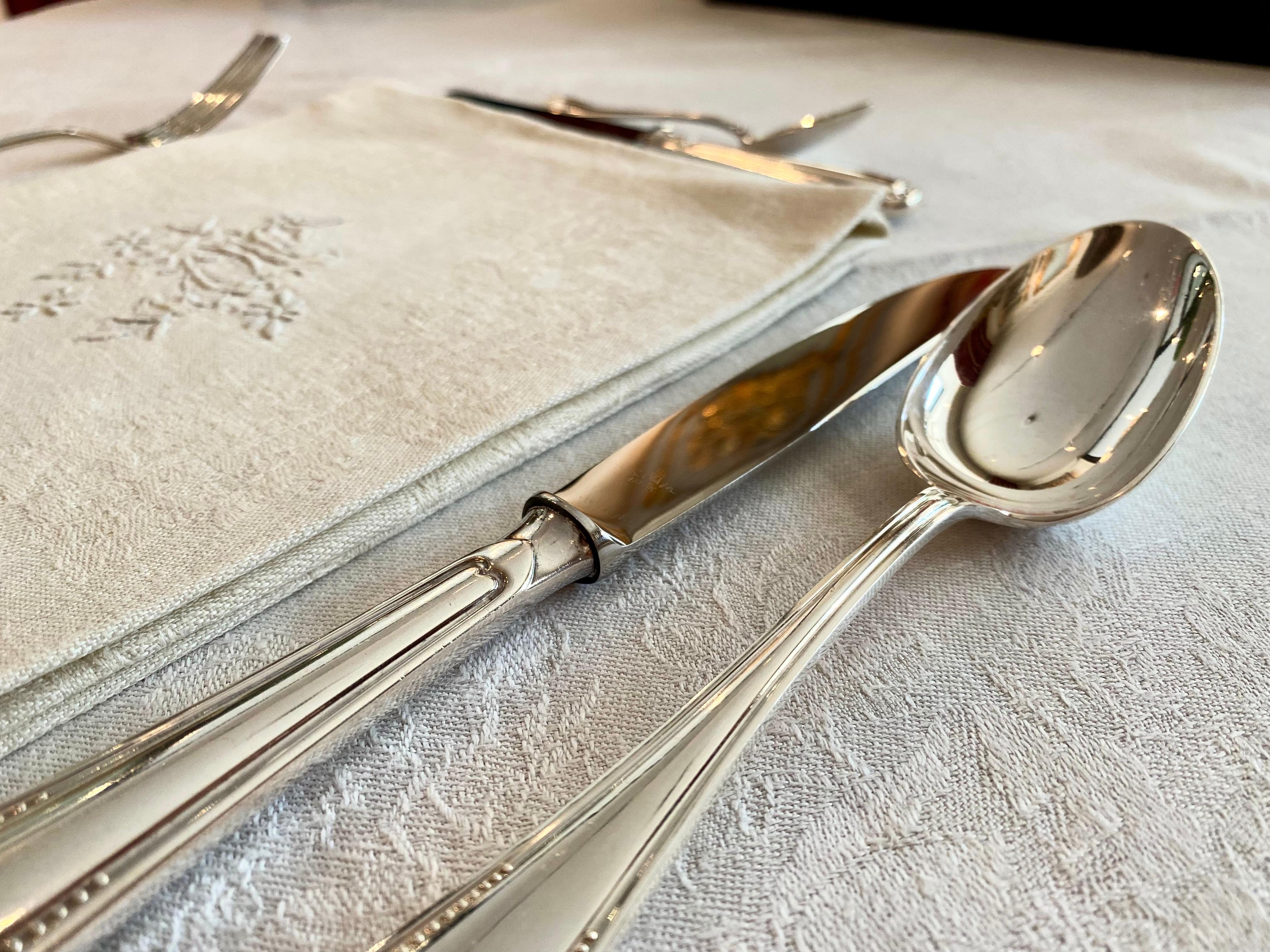 French Silver Plate Cutlery Set by Guêpe Fils Lyon, Louis XVI Style For Sale 9