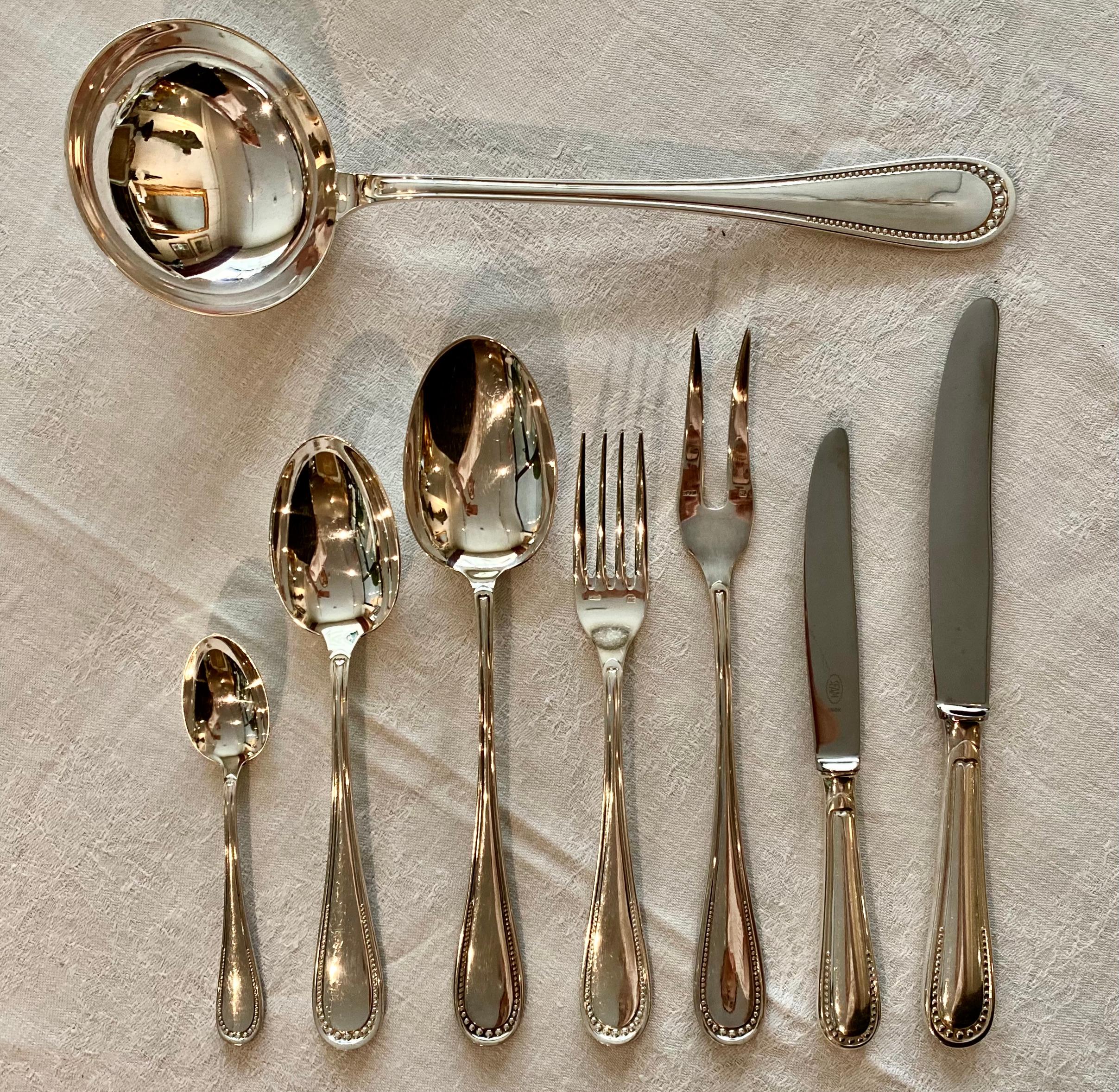 French silver plate cutlery set by Guêpe Fils Lyon, Louis XVI style
Guêpe Fils Silversmith and Master Cutler, established in Lyon in 1847. 
The 