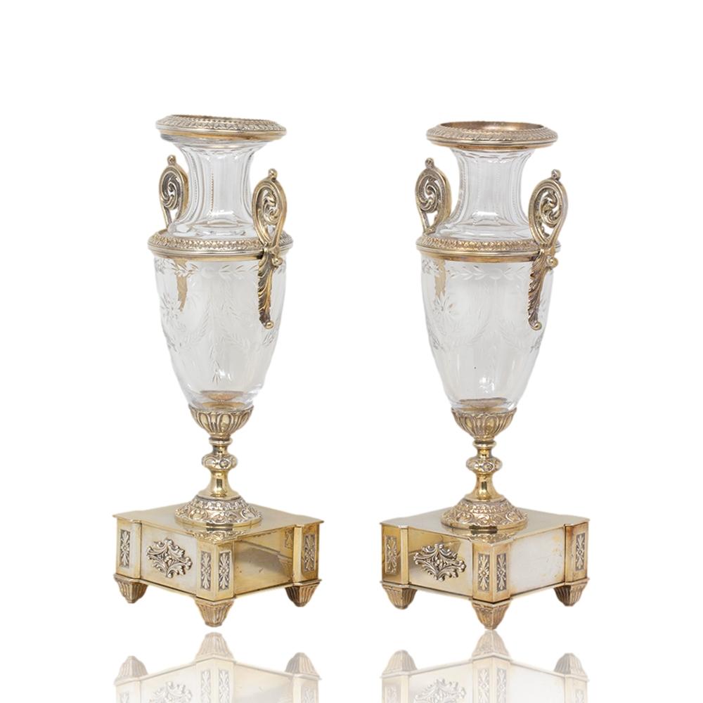 Art Nouveau French Silver Plate Glass Vases For Sale