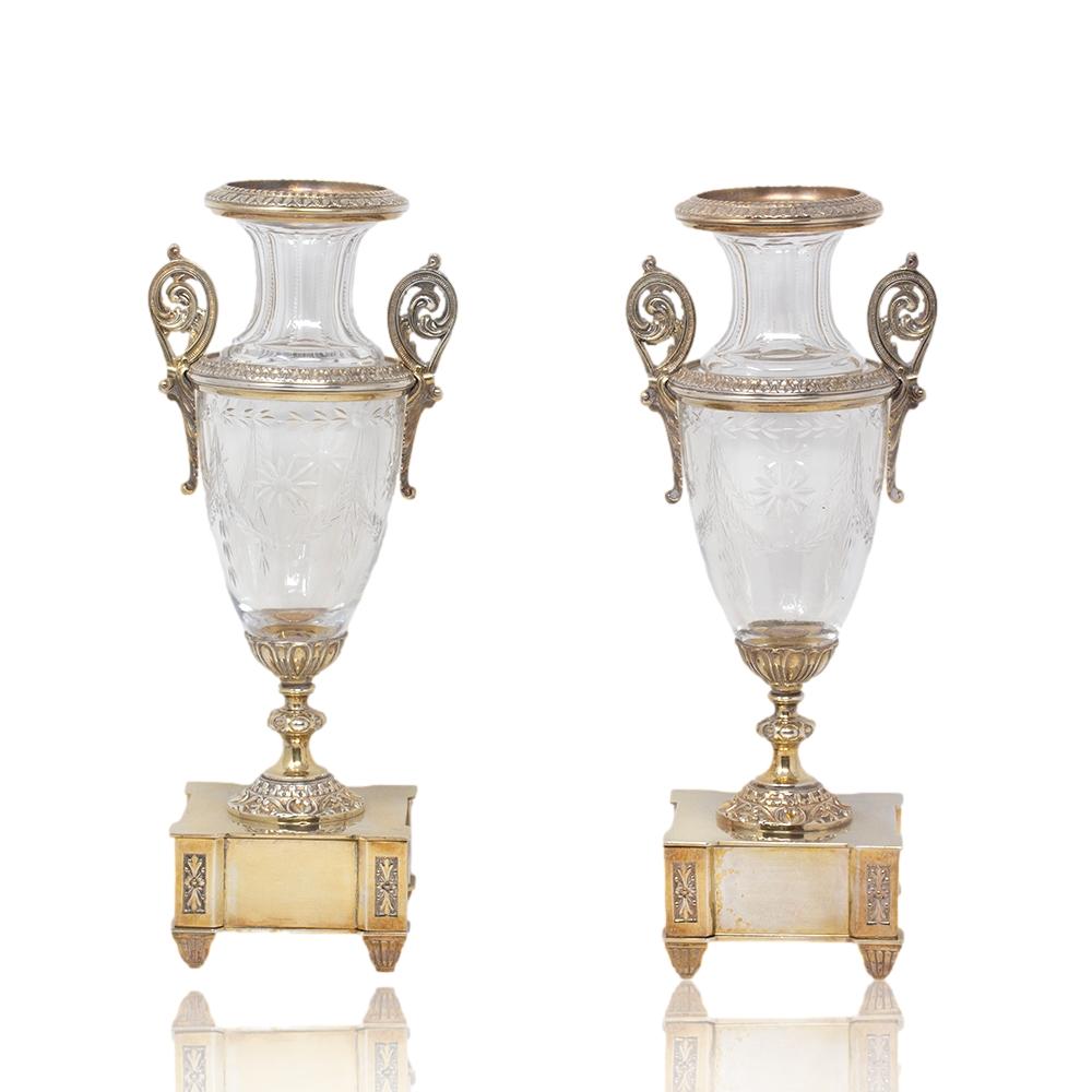 Early 20th Century French Silver Plate Glass Vases For Sale