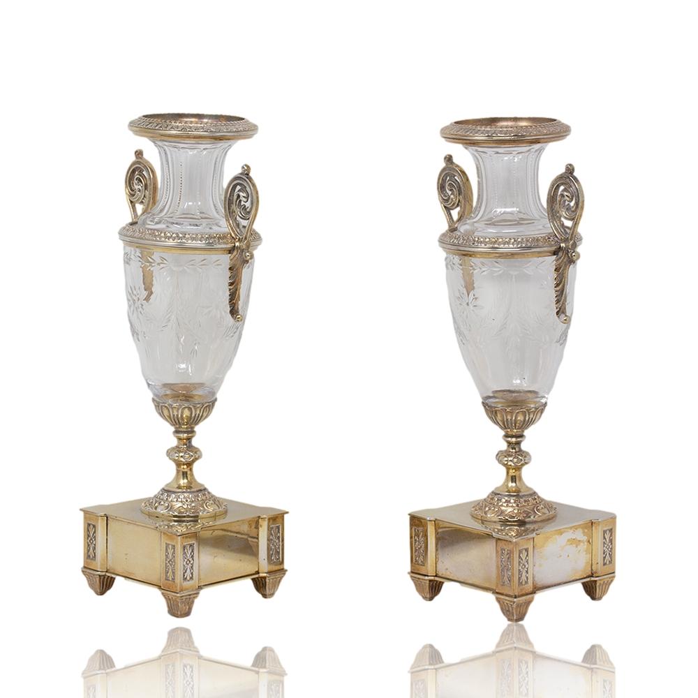 Metal French Silver Plate Glass Vases For Sale