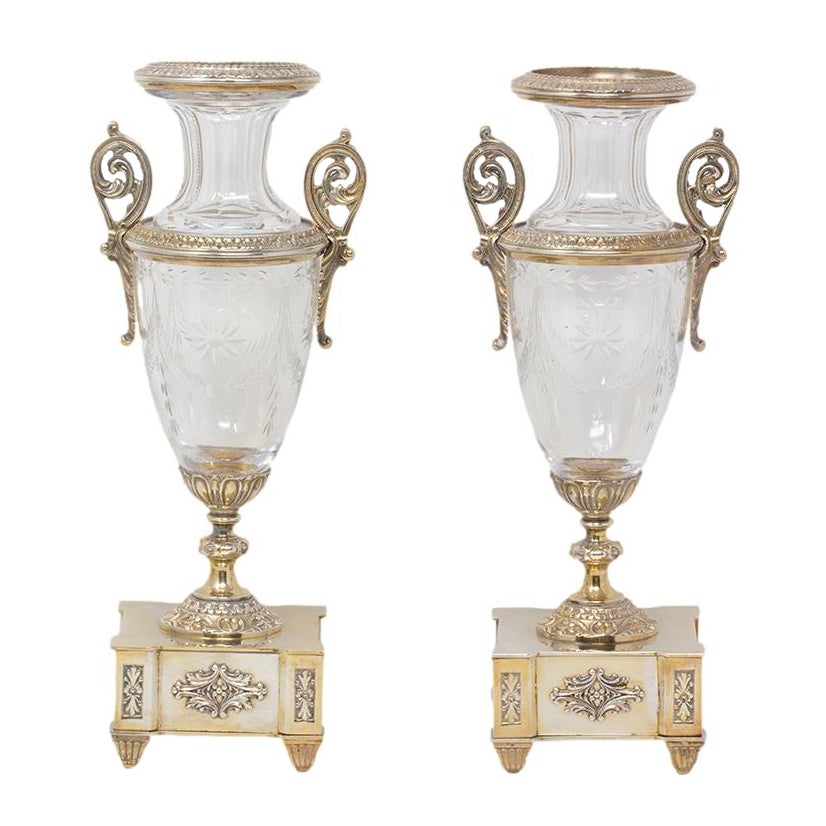 Französische Glasvasen aus Silberblech