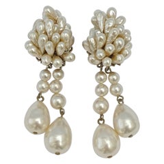 French Silver Plated and Faux Pearl Cluster Clip On Baroque Pearl Drop Earrings