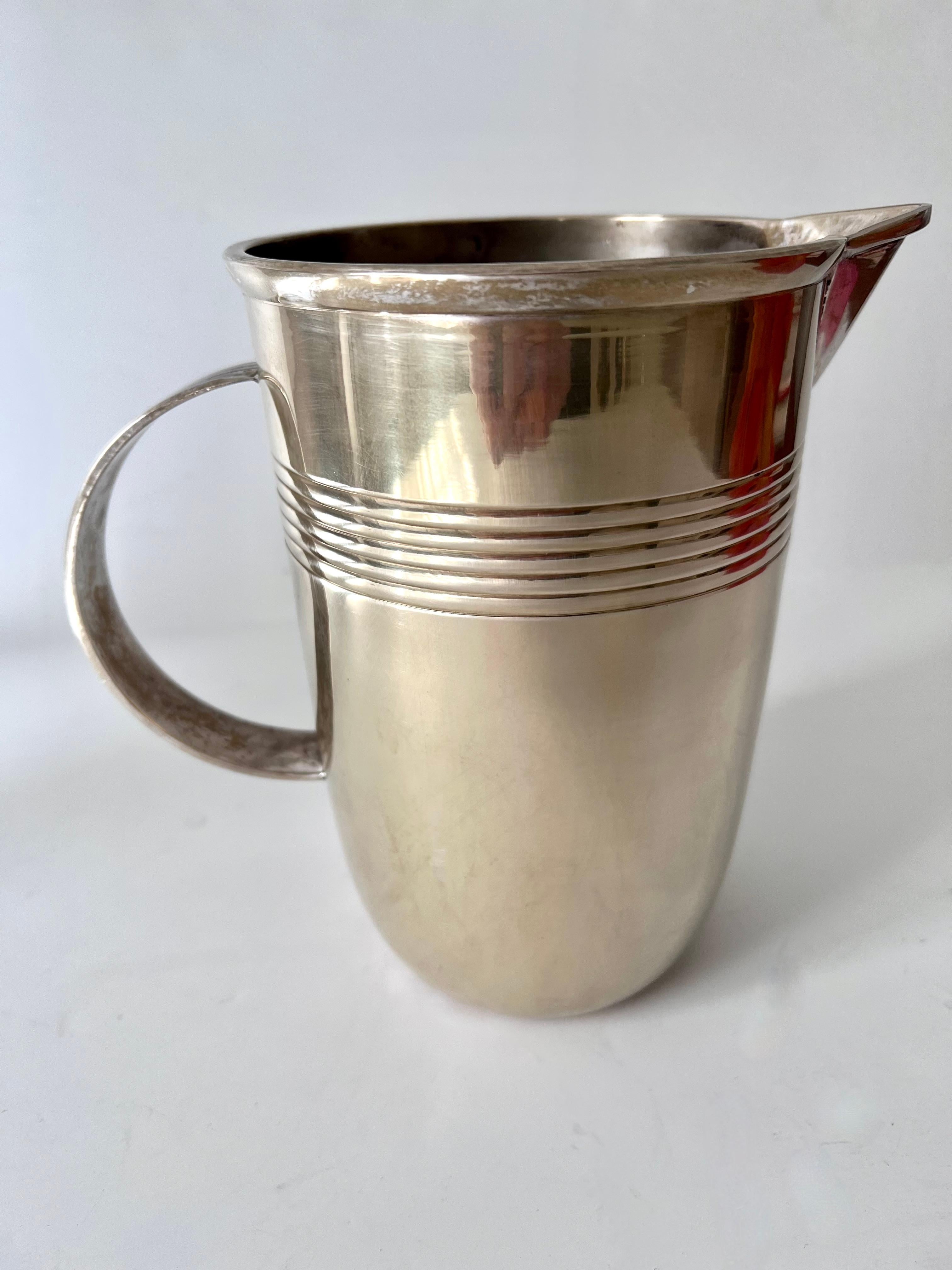 Patinated French Silver Plated Brass Art Deco Cocktail Pitcher For Sale