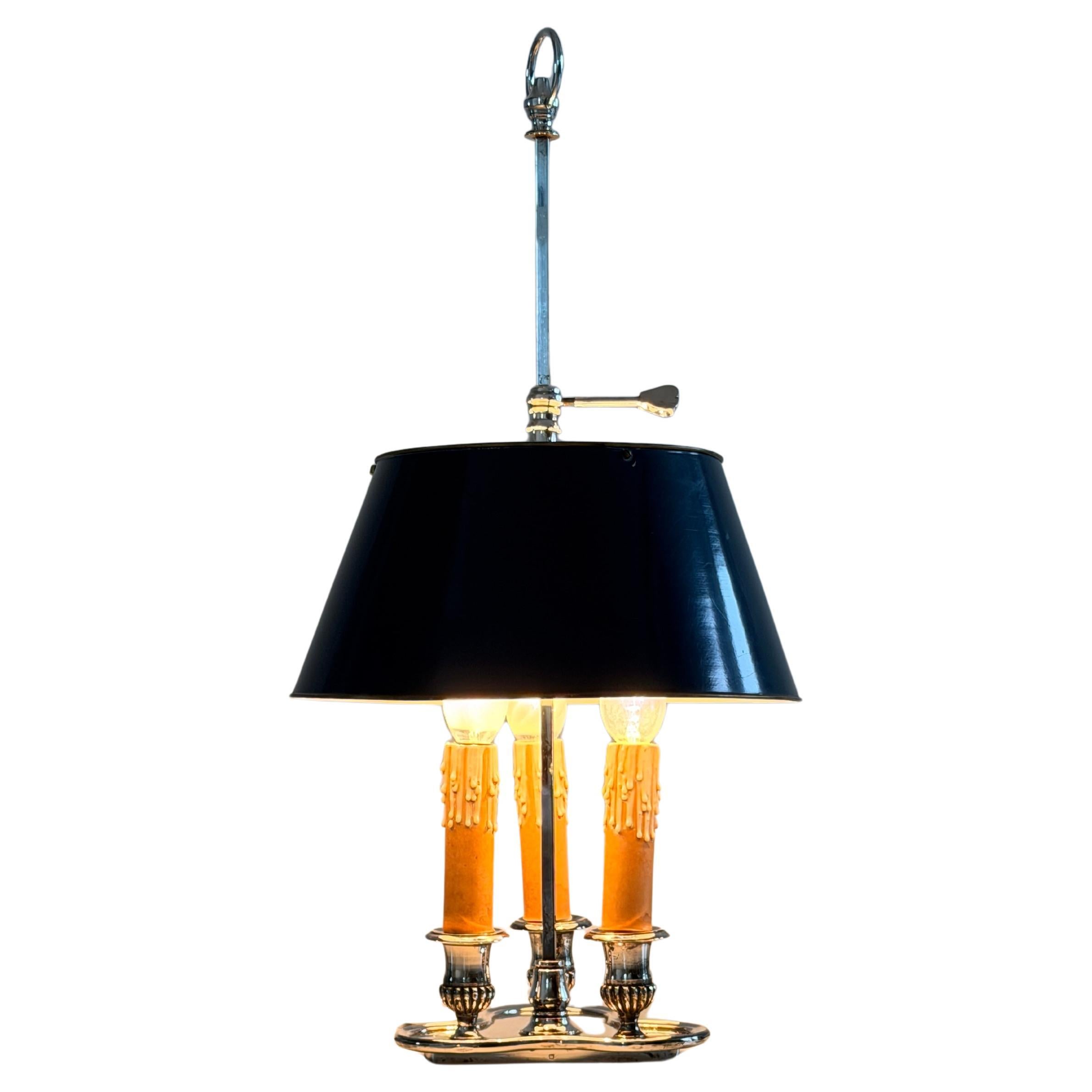 French Silver-Plated Bronze Three-Light Bouillotte Lamp attributed to Christofle For Sale