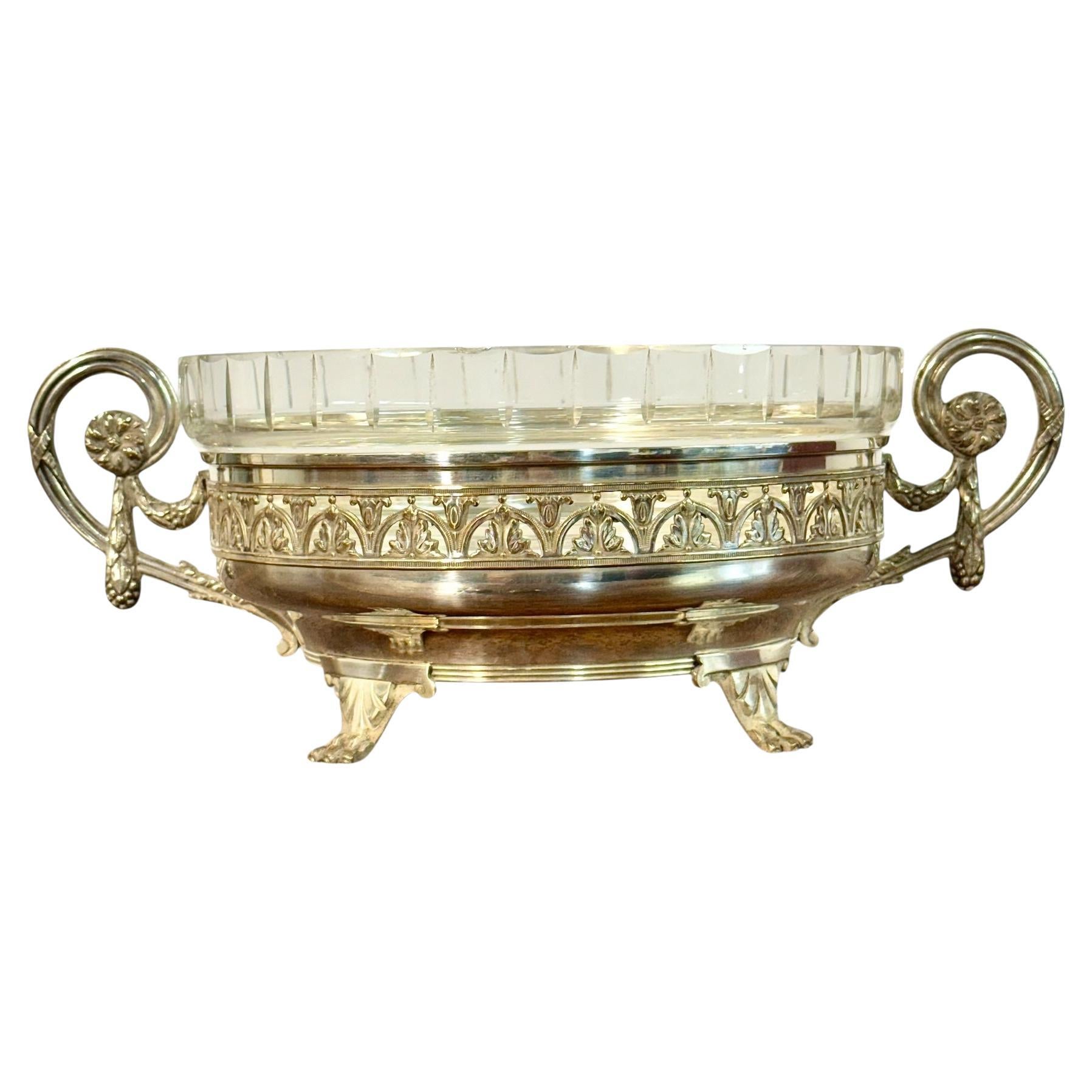 French Silver-Plated Centerpiece with Cut Crystal Bowl, Saint-Louis Style For Sale