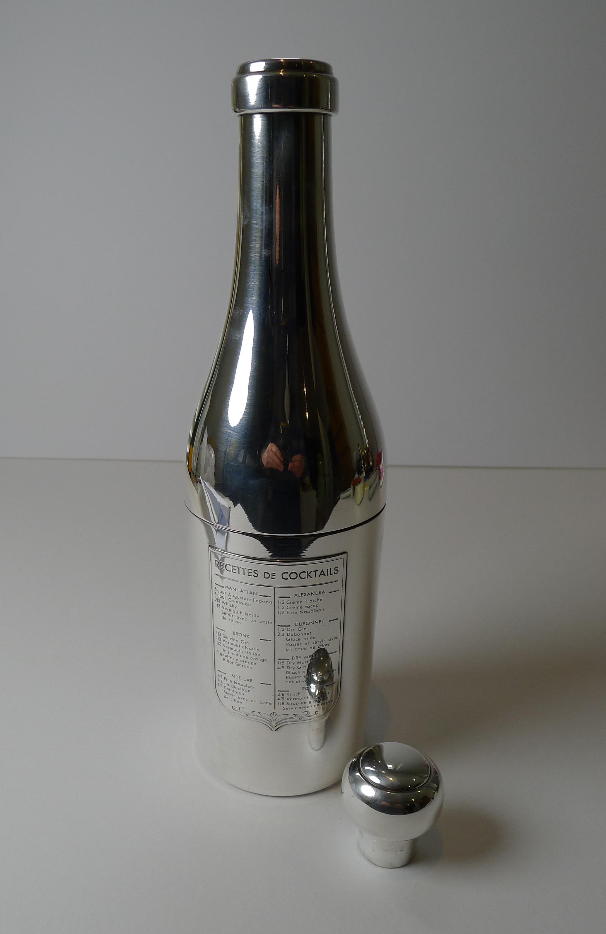 French Silver Plated Champagne Bottle Recipe Cocktail Shaker c.1930 For Sale 2