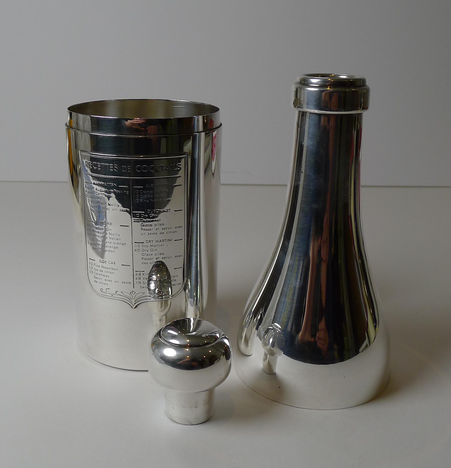 French Silver Plated Champagne Bottle Recipe Cocktail Shaker c.1930 For Sale 3