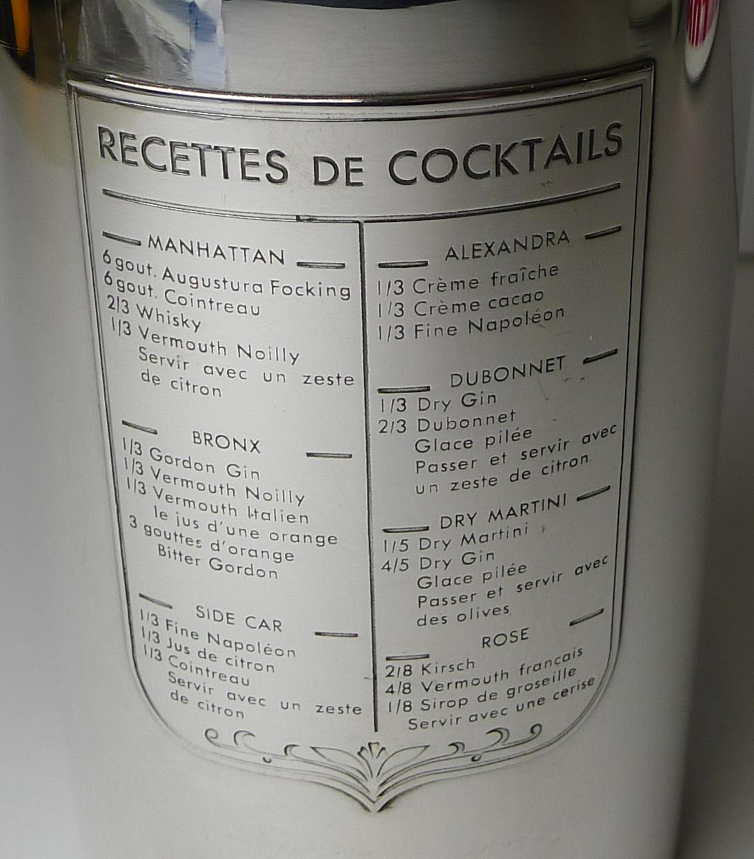 Shaker à cocktail avec recette de bouteille de champagne en métal argenté français, vers 1930 Bon état - En vente à Bath, GB