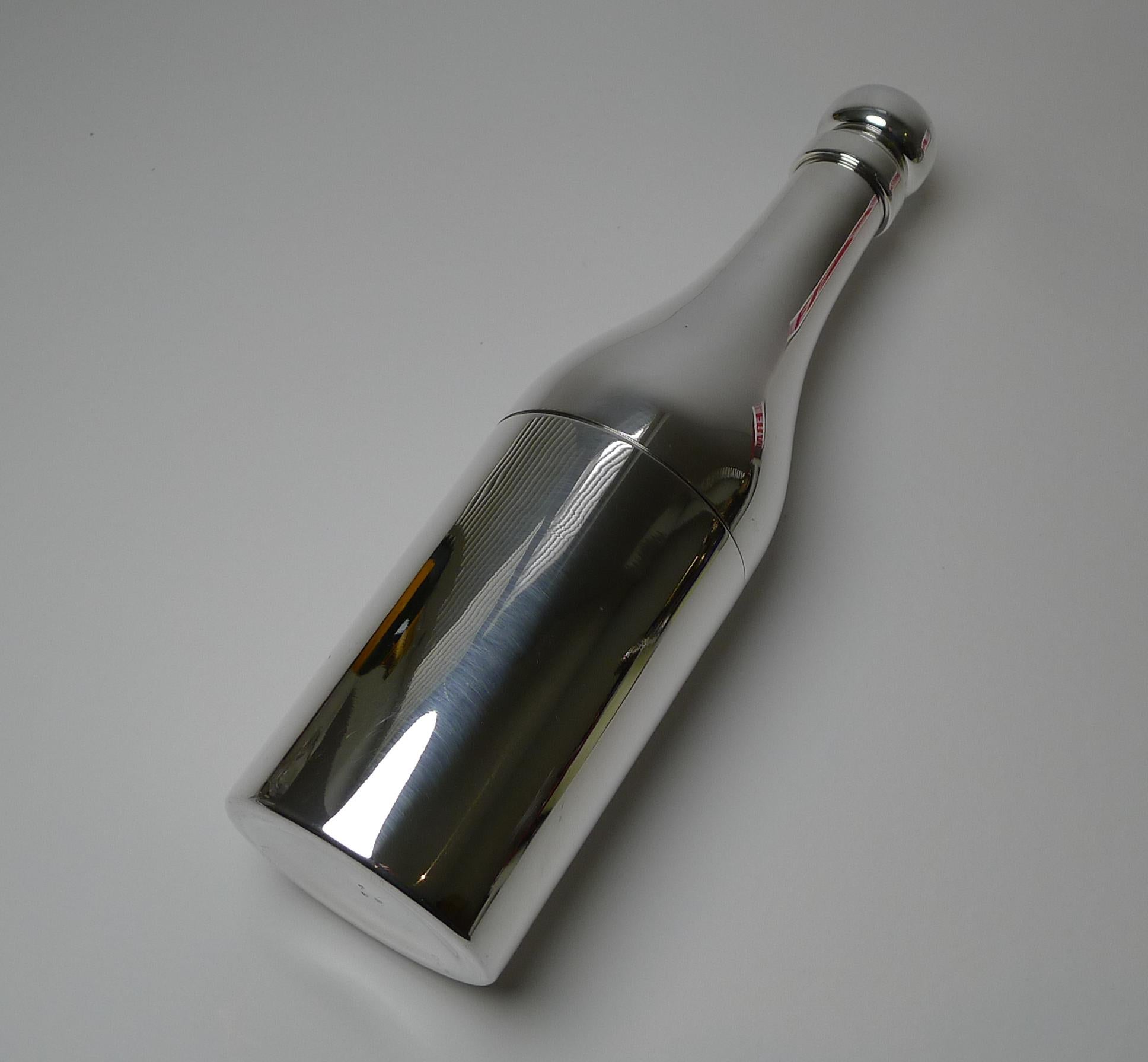 French Silver Plated Champagne Bottle Recipe Cocktail Shaker c.1930 In Good Condition For Sale In Bath, GB