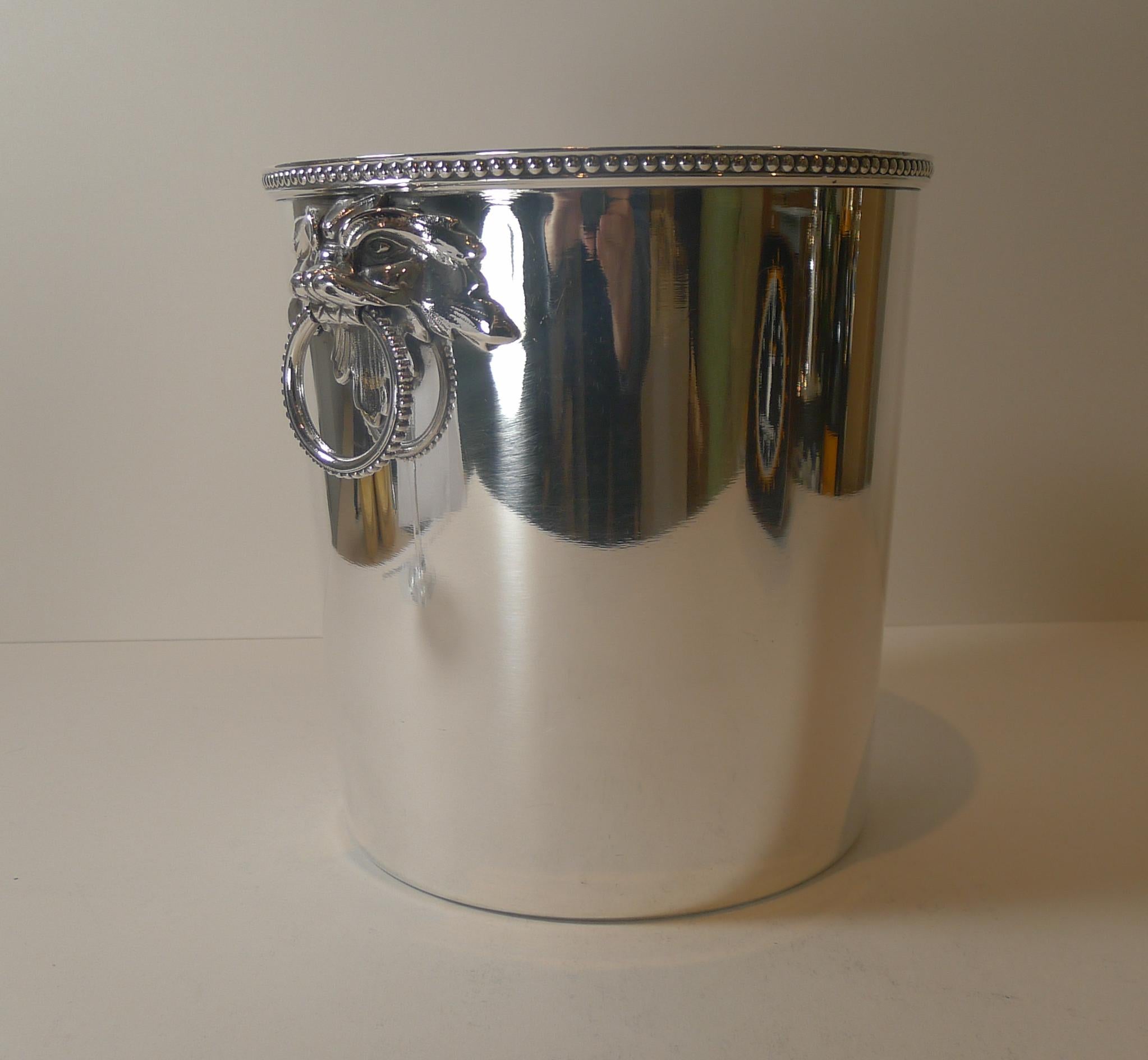 A fabulous French Champagne bucket or wine cooler dating to c.1950; just back from our silversmith's workshop where it has been professionally cleaned and polished, restoring it to it's former glory.

A scarcely seen design with a beaded border