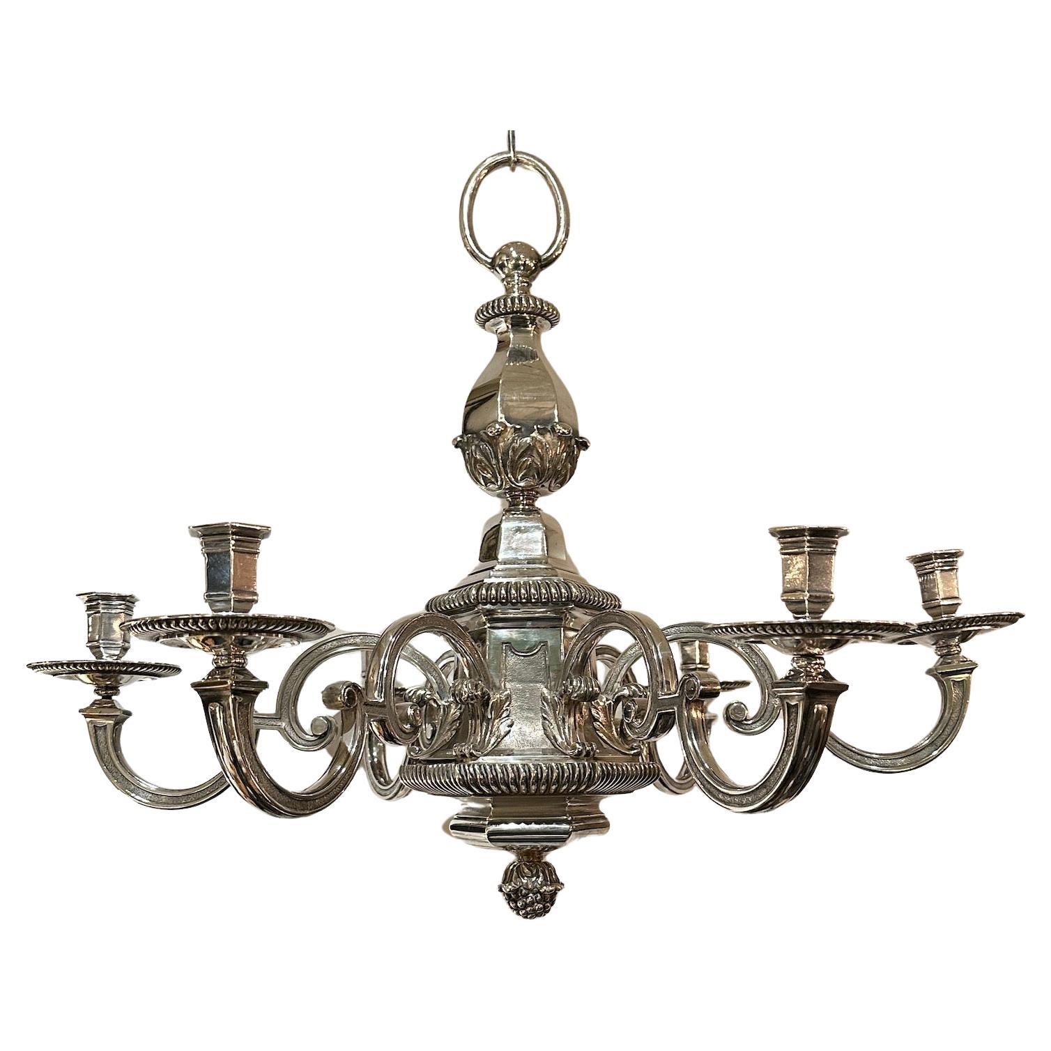 Metal French Silver-Plated Chandelier For Sale
