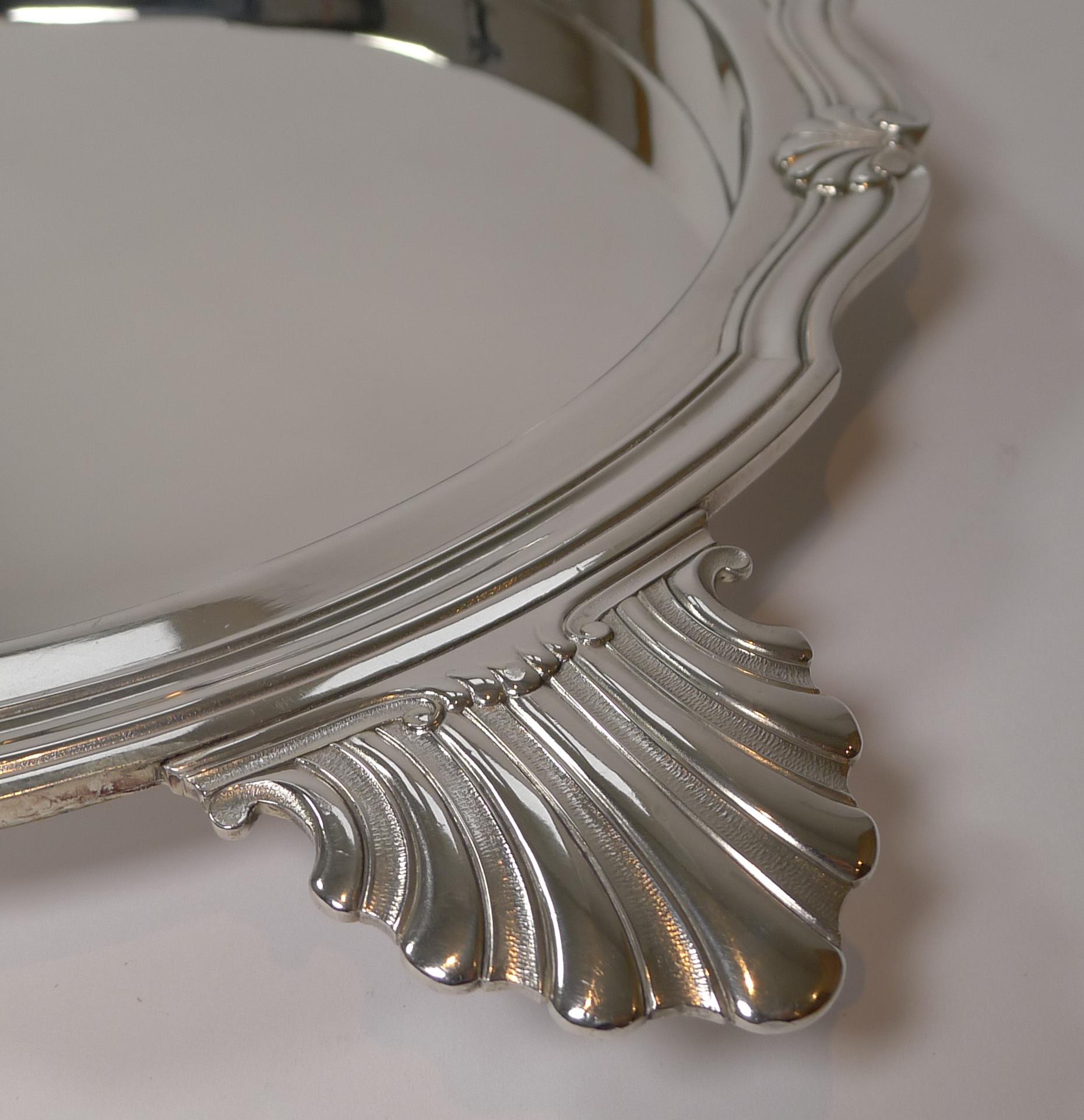 A magnificent and very stylish tray by the master craftsman, Victor Saglier. French in origin dating to circa 1900, the tray is silver plated having just been professionally cleaned and polished by our silversmith.

The tray incorporates two very