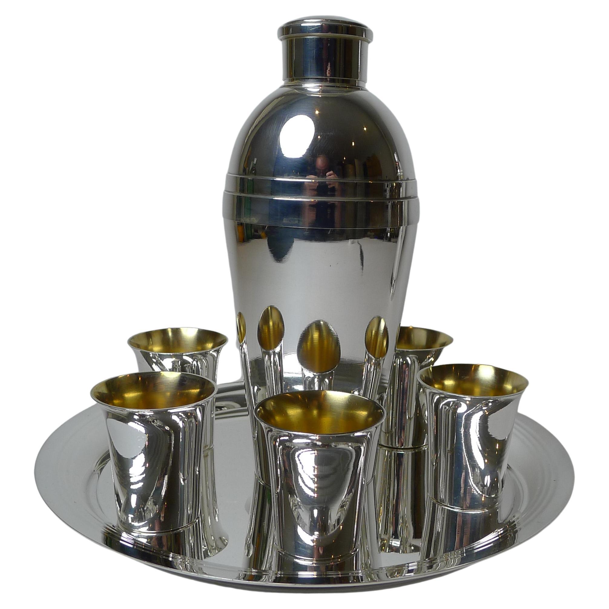 French Silver Plated Cocktail Shaker Set With Tray and Cups c.1940