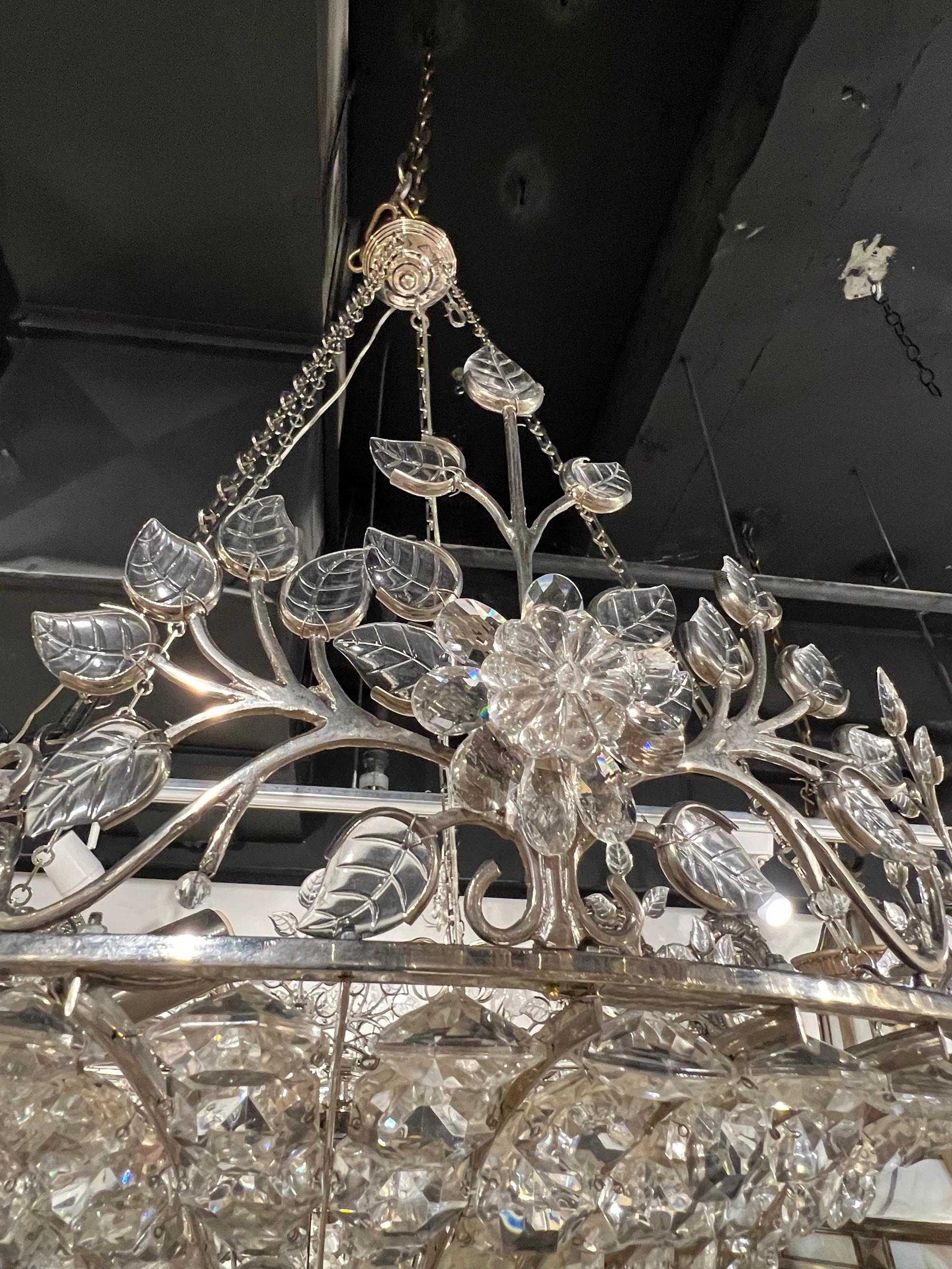 French Provincial French Silver Plated Crystal Chandelier, circa 1940s