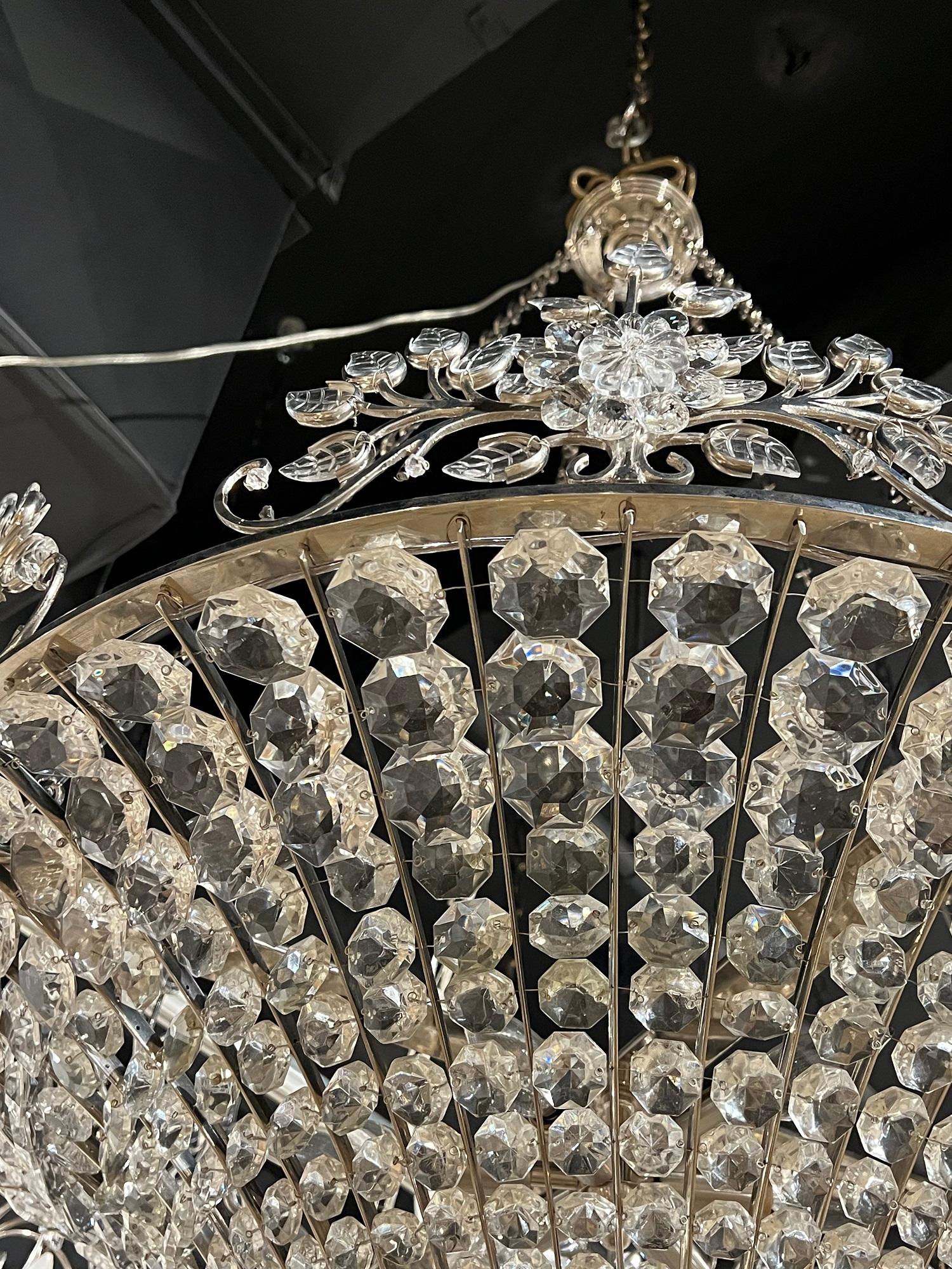 French Silver Plated Crystal Chandelier, circa 1940s In Good Condition In New York, NY
