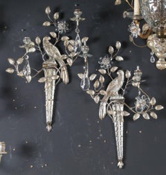French Silver Plated Double Light Sconces with Birds, Set of Six