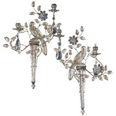French Silver Plated Double Light Sconces with Birds, Set of Six