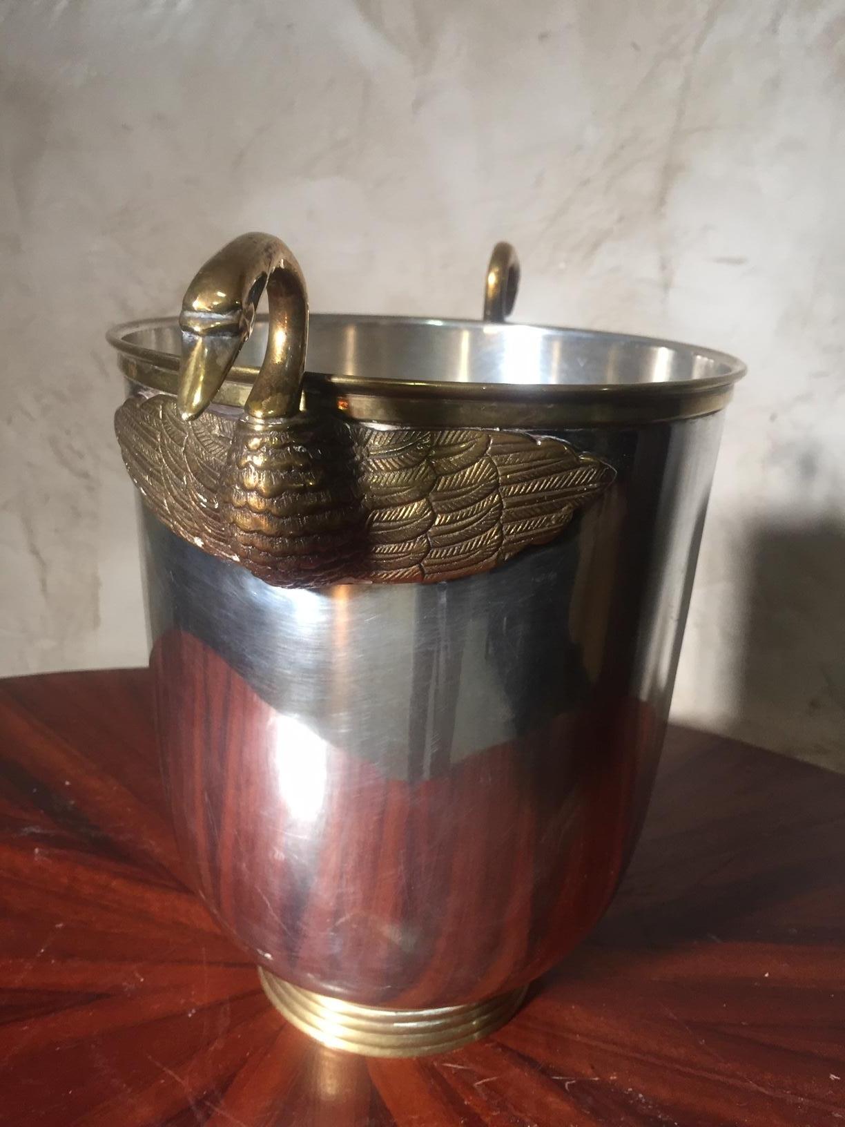 Mid-20th Century French Silver Plated Ice Bucket with Head Swans Handles